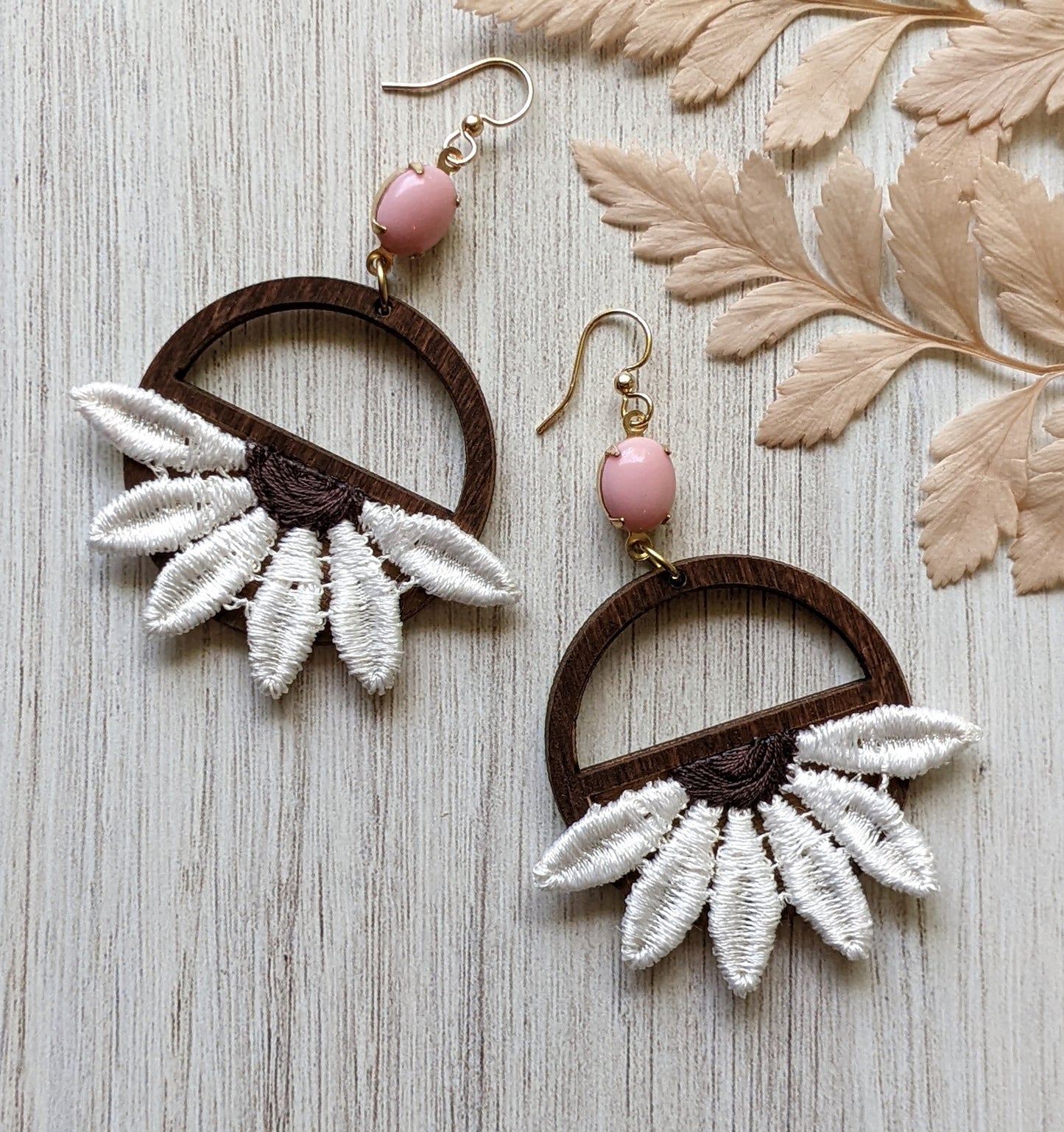 Daisy Earrings Handmade With Vintage Flowers, Wood Hoops, And Vintage Pink Glass