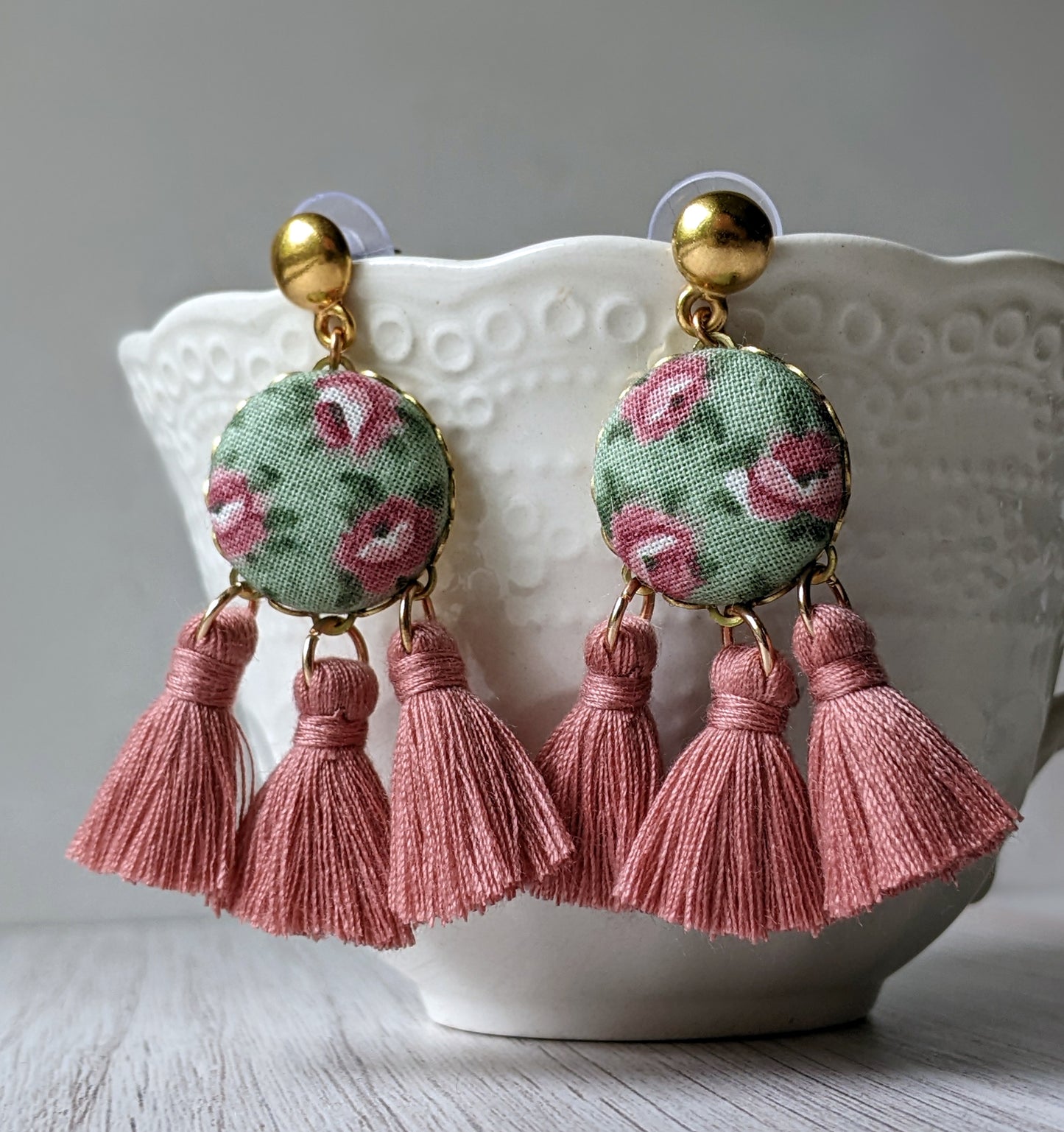 Vintage Floral Fabric Fan Tassel Earrings, Mauve Pink And Sage Green