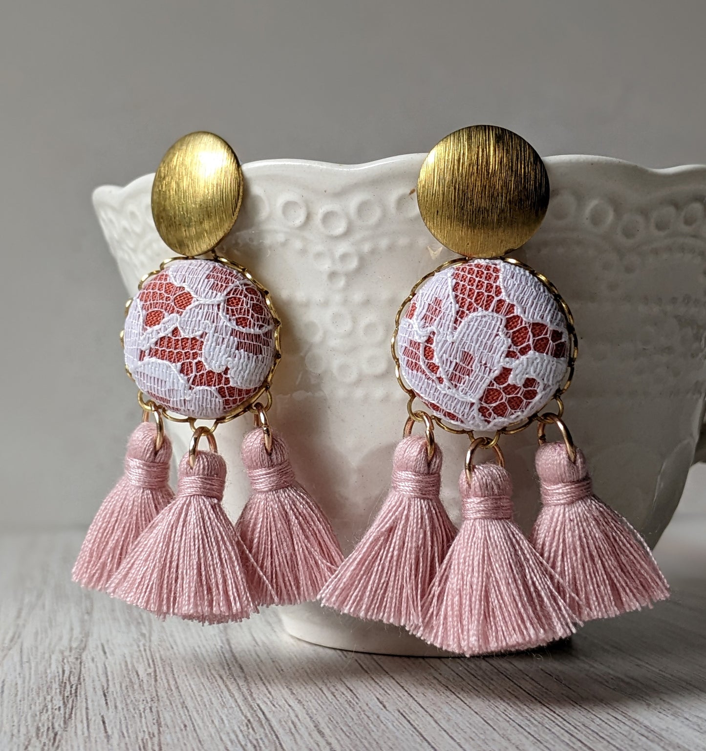 Vintage Lace Tassel Earrings - Terracotta Orange, Pastel Pink, Gold Brass