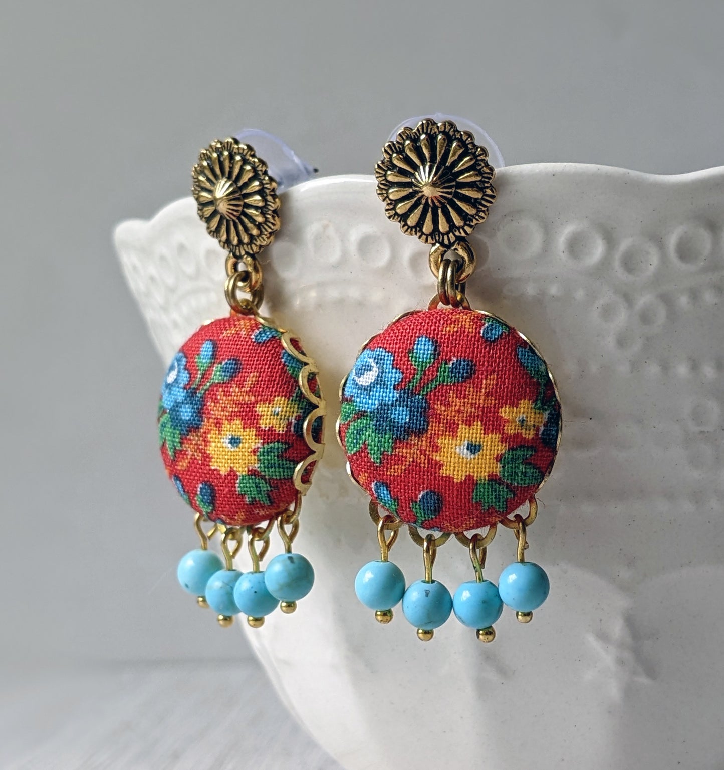 Red And Turquoise Earrings With Vintage Floral Print Fabric And Glass Beads