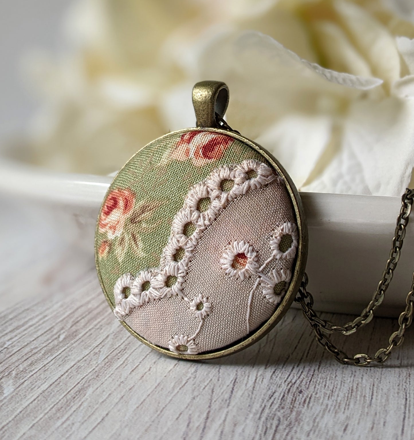 Rose Garden Necklace - Pink And Green Vintage Fabric, Beige Vintage Lace Pendant