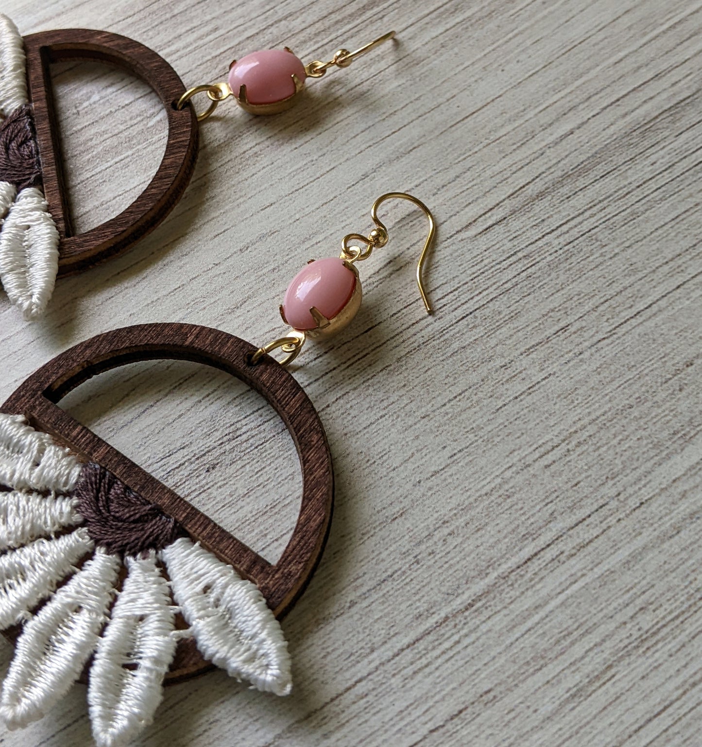 Daisy Earrings Handmade With Vintage Flowers, Wood Hoops, And Vintage Pink Glass