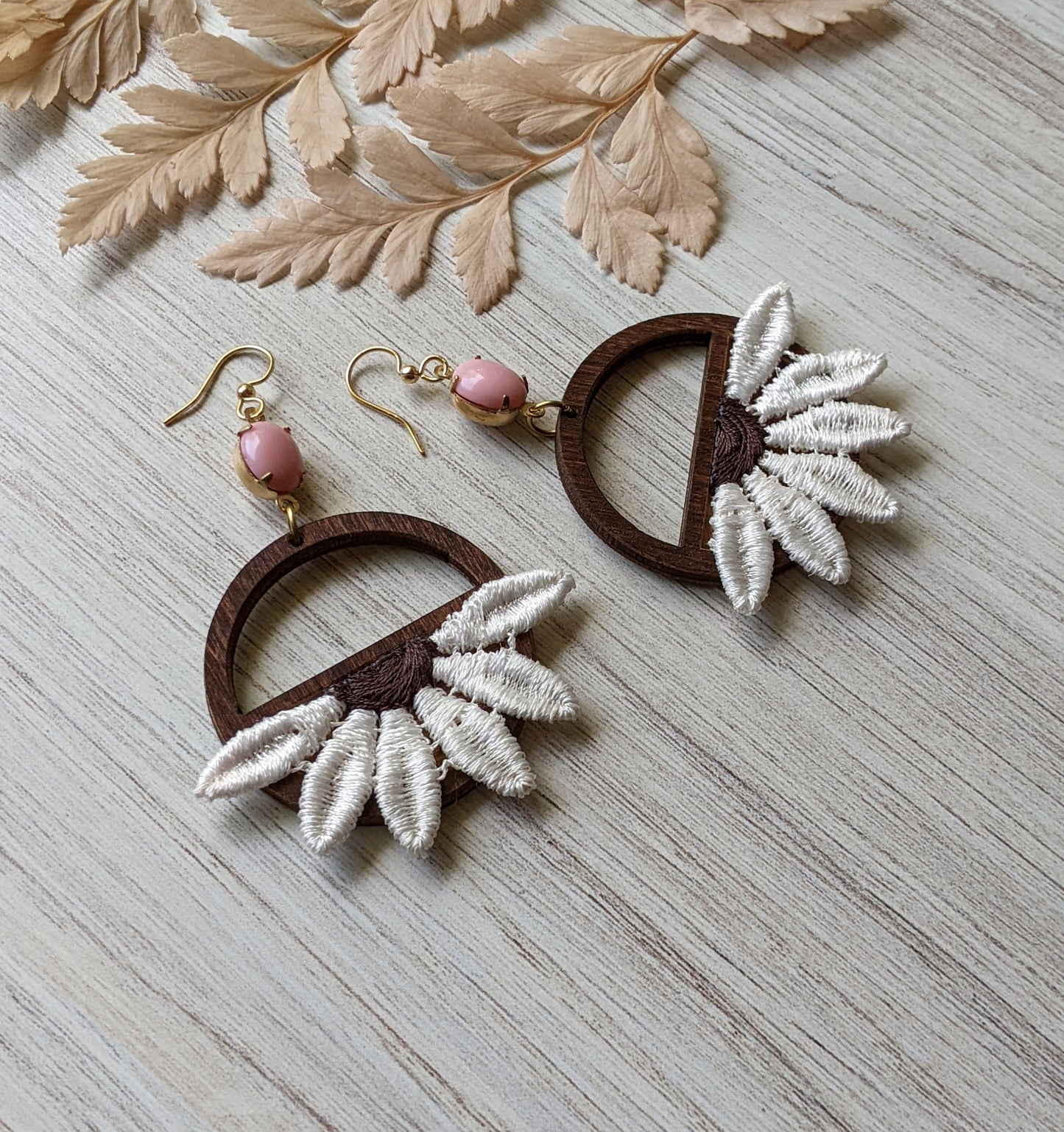 Daisy Earrings Handmade With Vintage Flowers, Wood Hoops, And Vintage Pink Glass