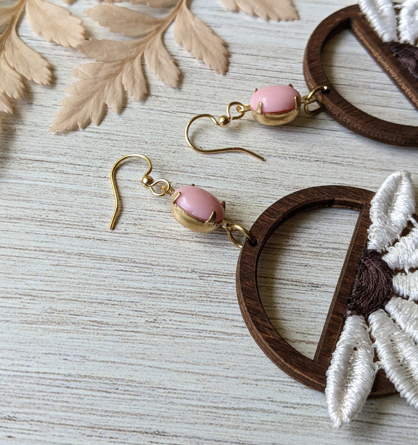 Daisy Earrings Handmade With Vintage Flowers, Wood Hoops, And Vintage Pink Glass