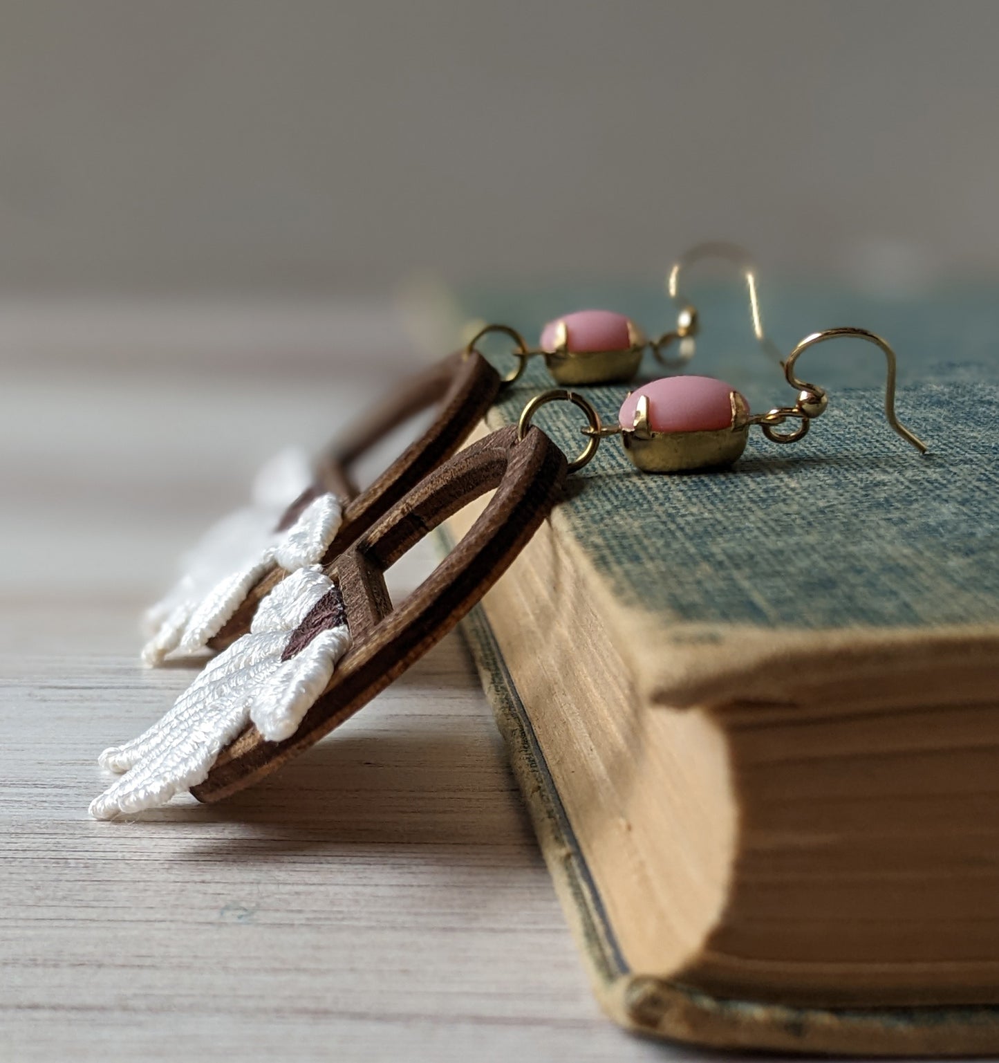 Daisy Earrings Handmade With Vintage Flowers, Wood Hoops, And Vintage Pink Glass