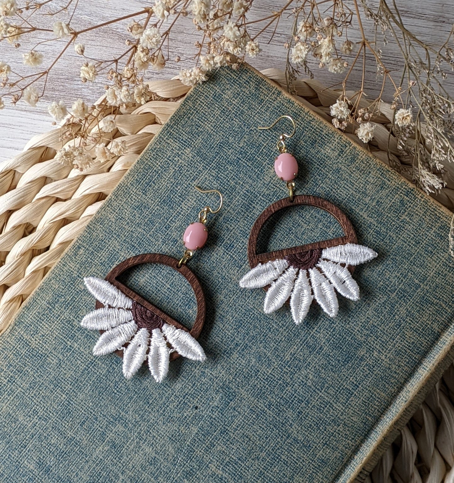 Daisy Earrings Handmade With Vintage Flowers, Wood Hoops, And Vintage Pink Glass