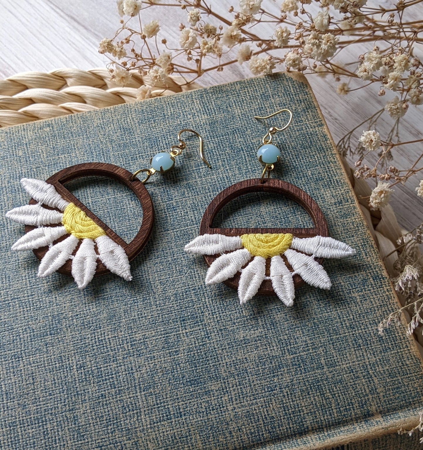 Retro Daisy Earrings With Vintage 90s Fabric Flowers And 1960s Blue Glass
