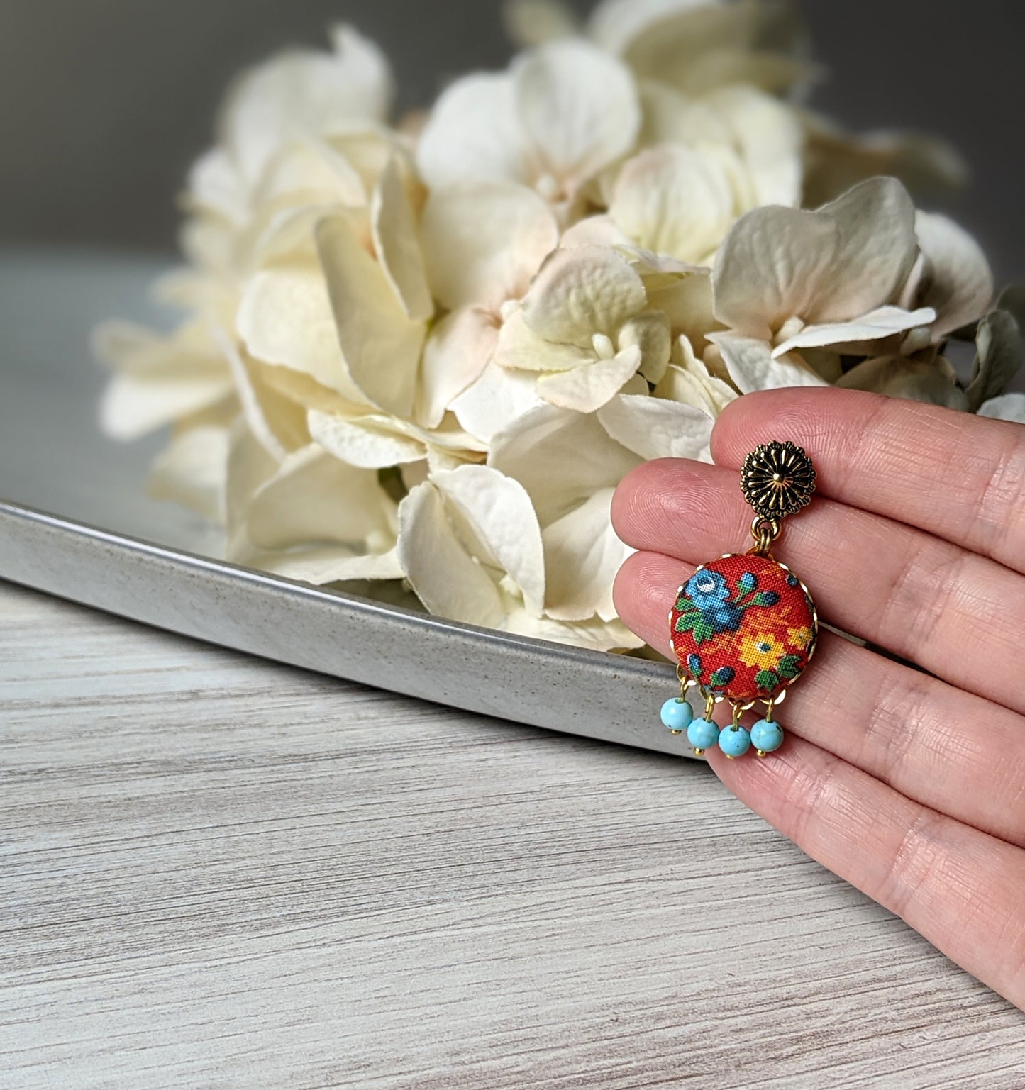 Red And Turquoise Earrings With Vintage Floral Print Fabric And Glass Beads
