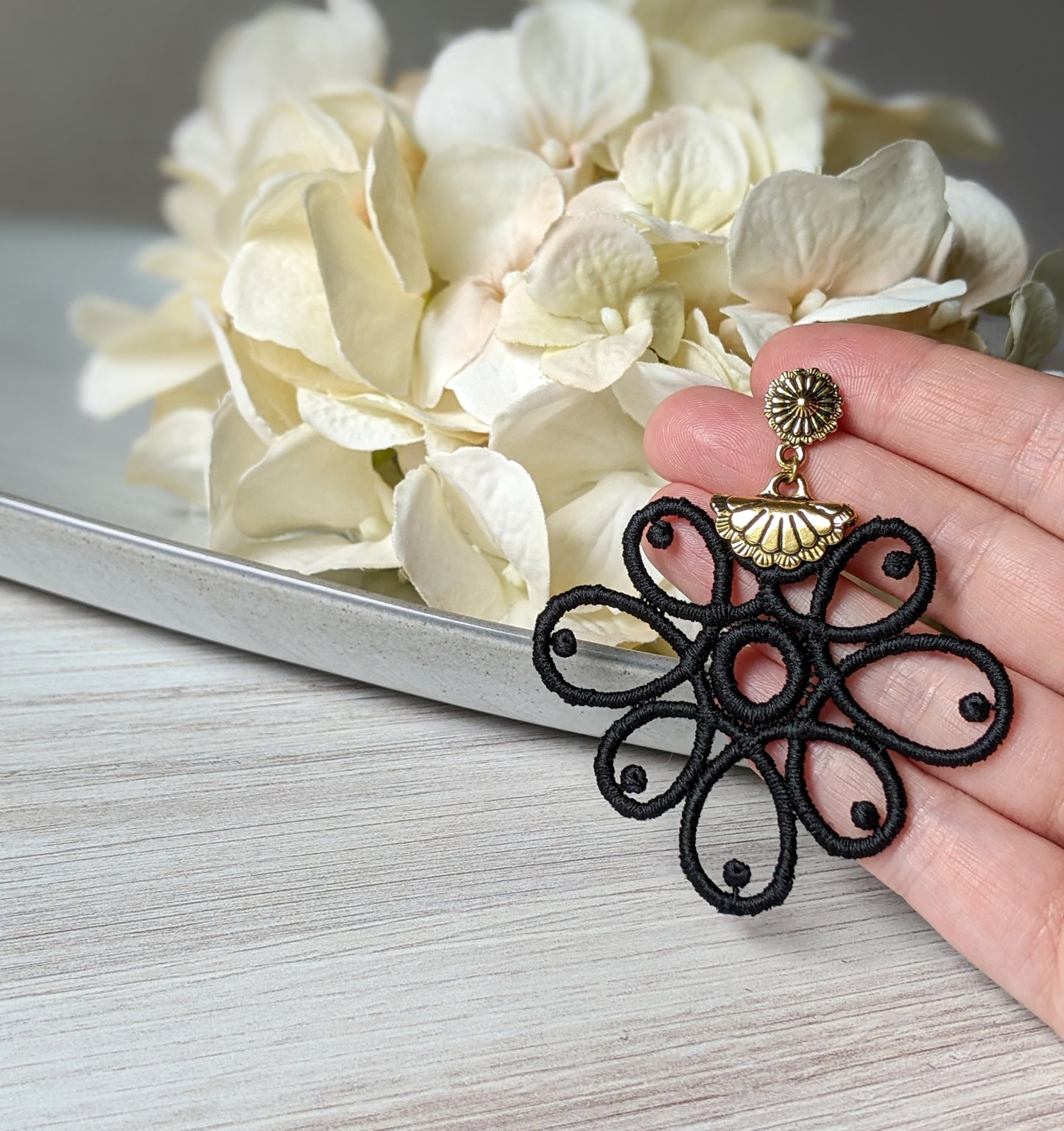 Large Art Deco Earrings With Soft Geometric Vintage Black Lace