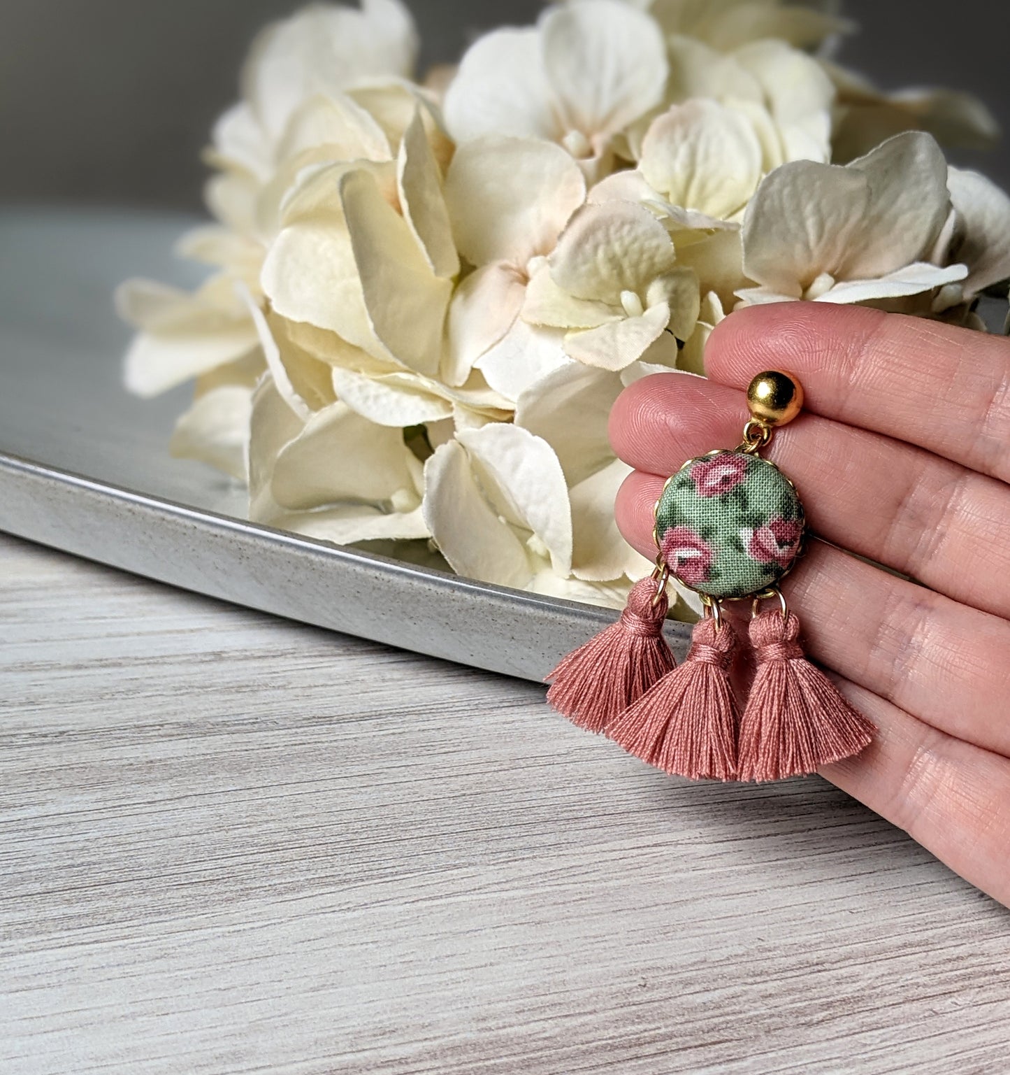 Vintage Floral Fabric Fan Tassel Earrings, Mauve Pink And Sage Green