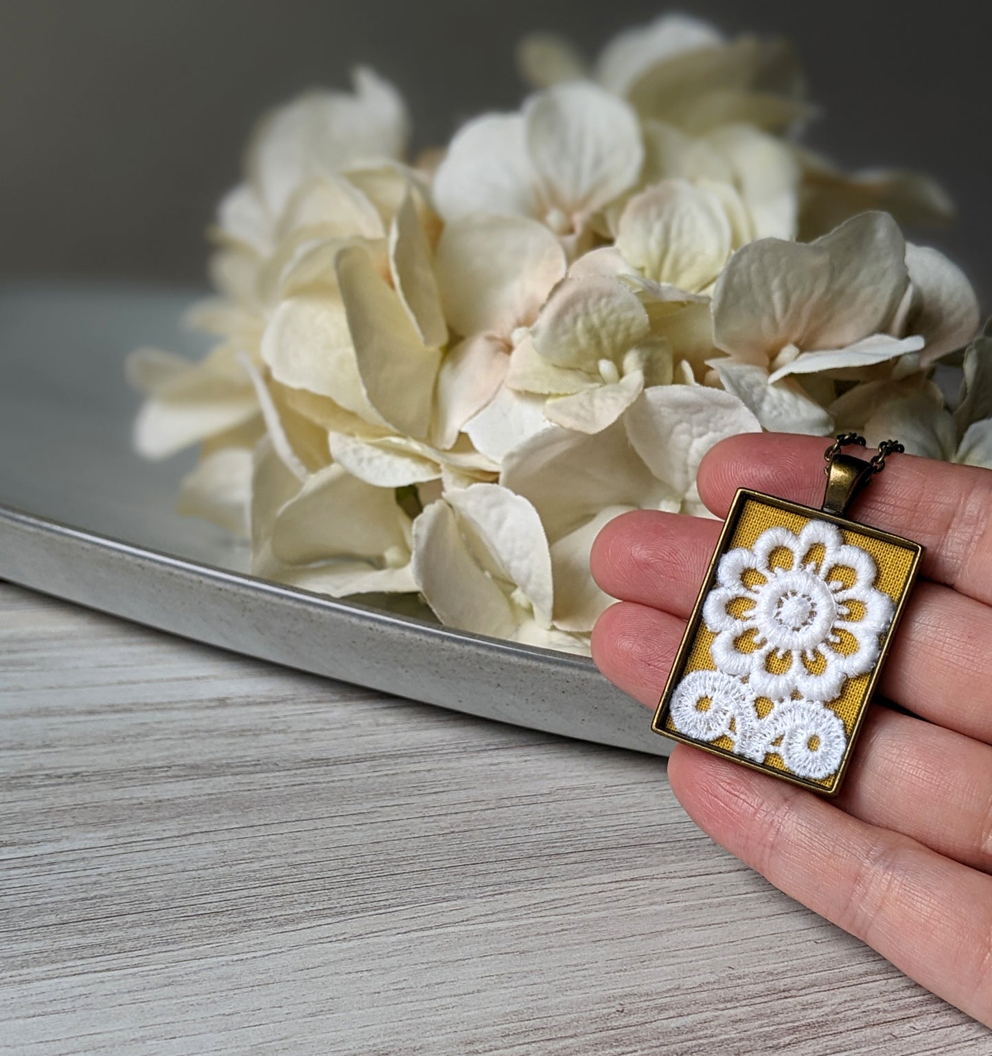 Sunny Daisy Pendant With Vintage Lace, Mustard Yellow Fabric