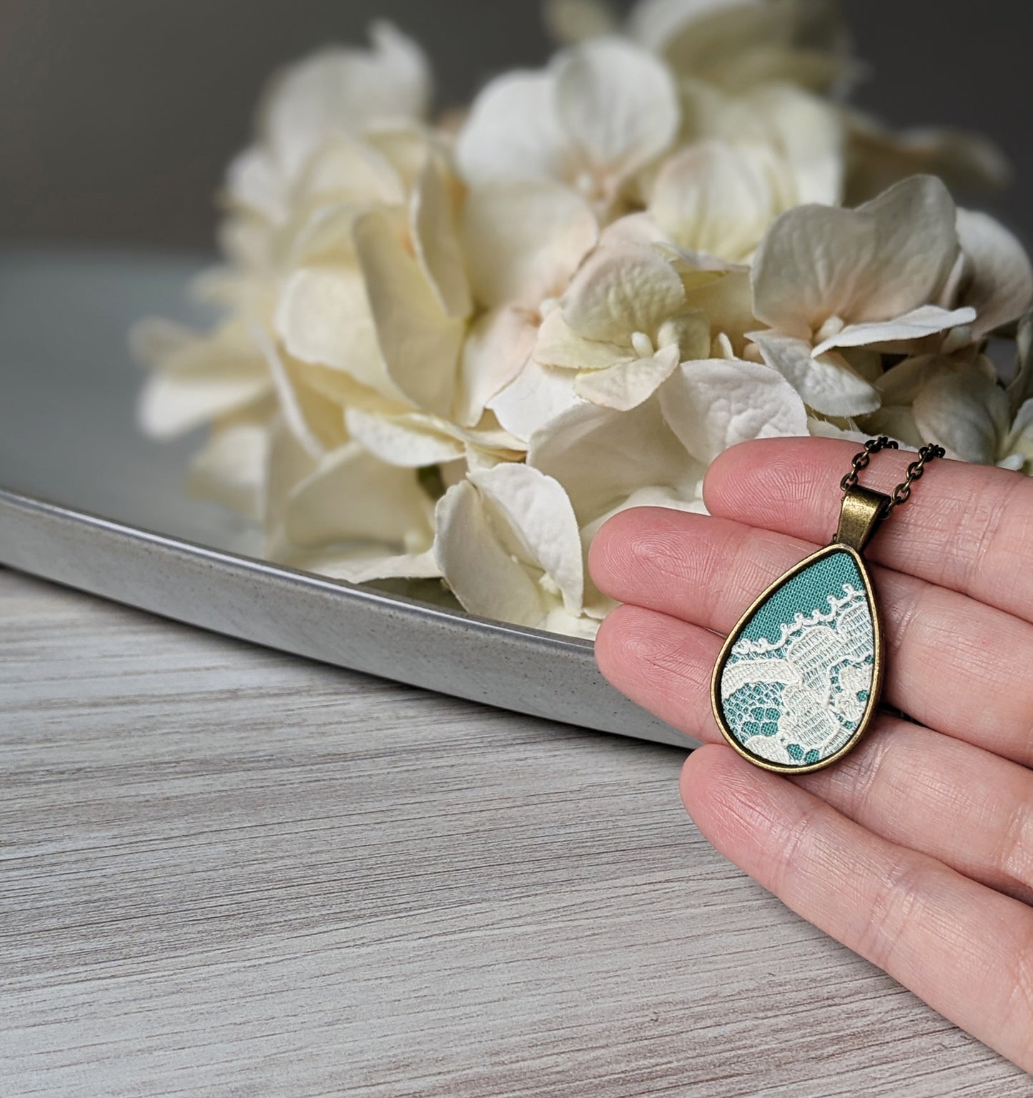 Vintage Floral Lace Teardrop Pendant - Mint Green