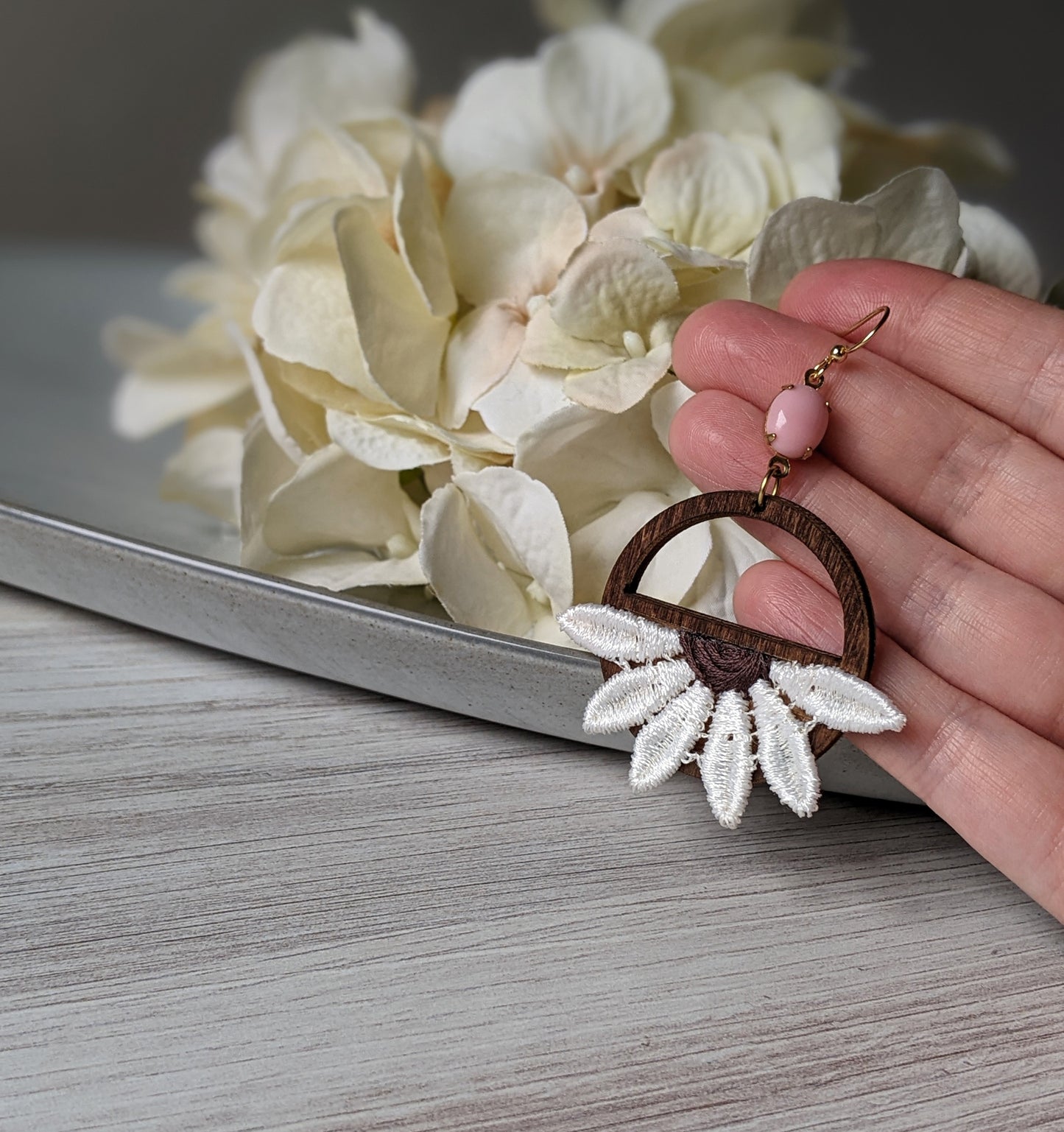 Daisy Earrings Handmade With Vintage Flowers, Wood Hoops, And Vintage Pink Glass