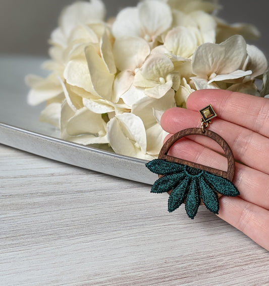 Art Deco Style Earrings With Dark Teal Flower Lace
