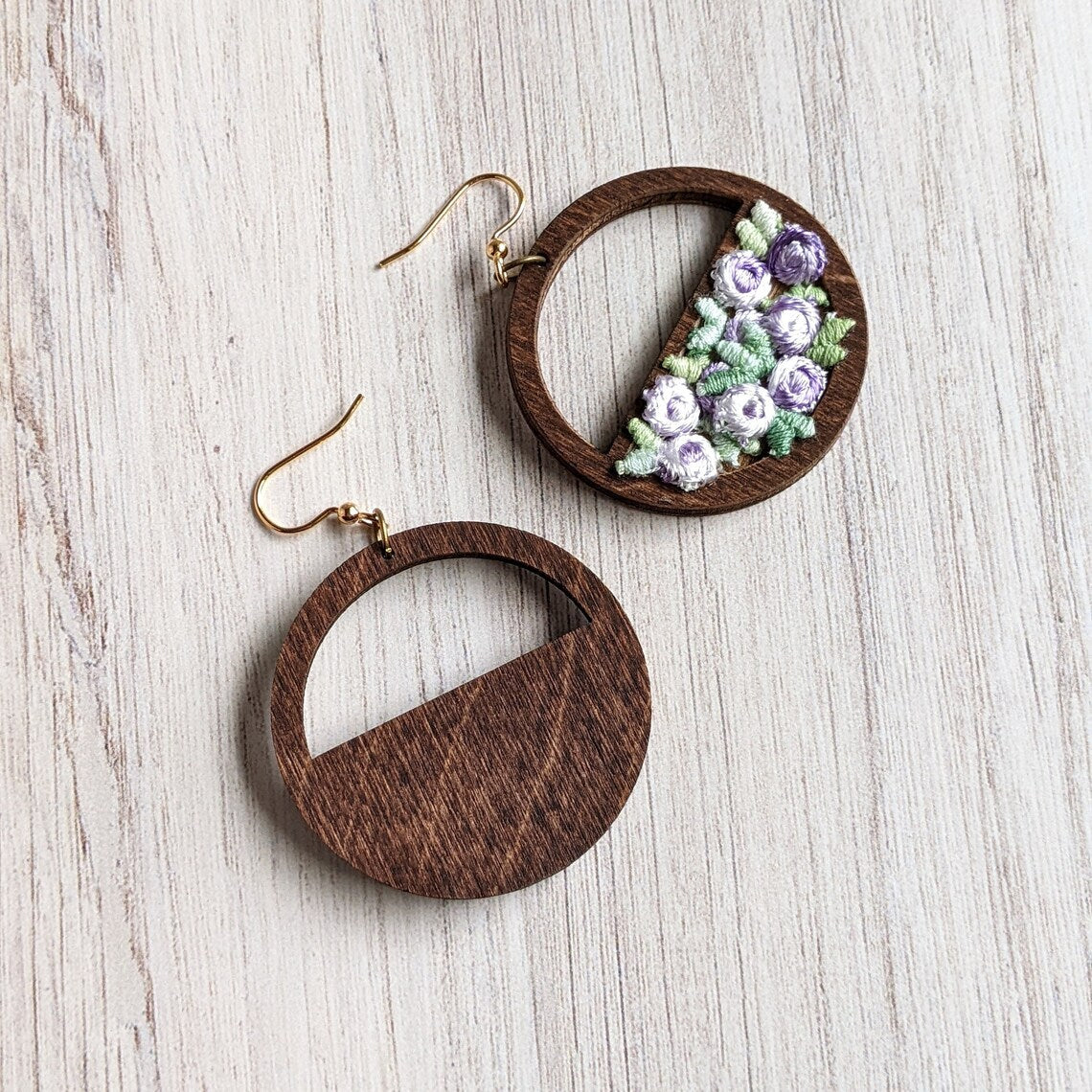 Vintage Lavender And Sage Green Flower Earrings On Wood Hoops