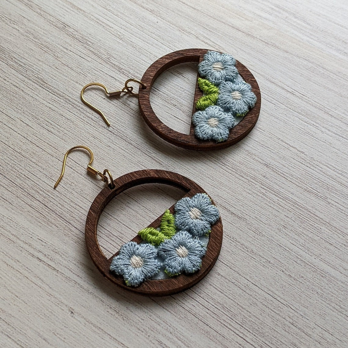 Whimsical Pastel Blue Daisy Earrings Made With Vintage Flowers And Wood Hoops