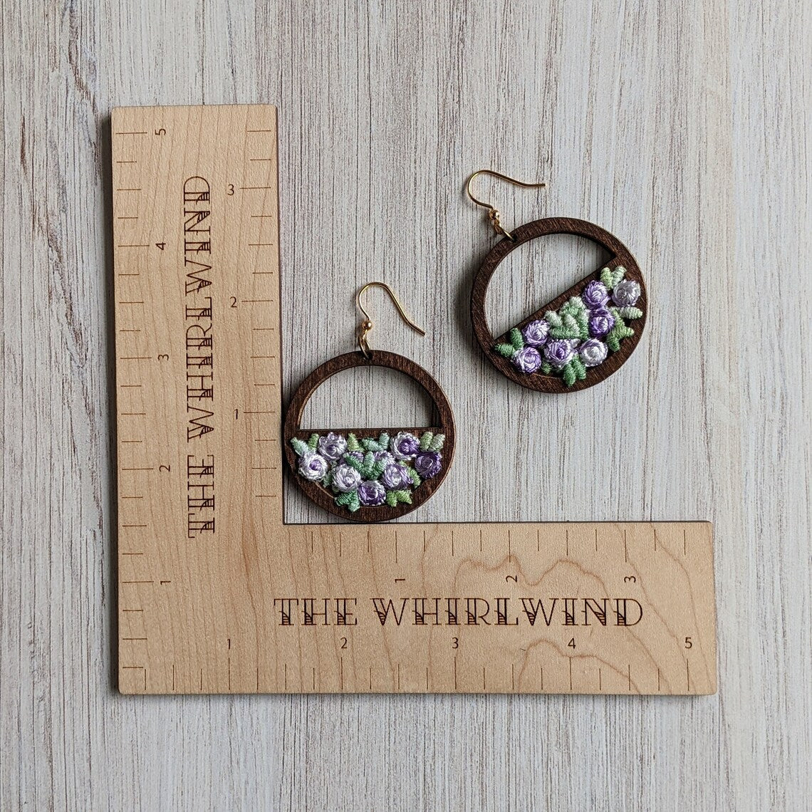 Vintage Lavender And Sage Green Flower Earrings On Wood Hoops