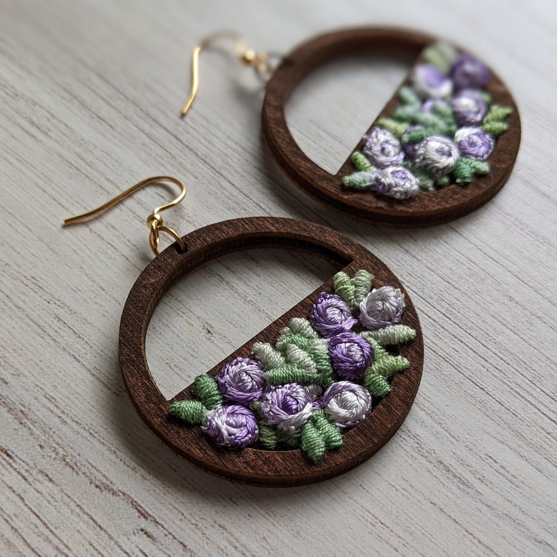 Vintage Lavender And Sage Green Flower Earrings On Wood Hoops