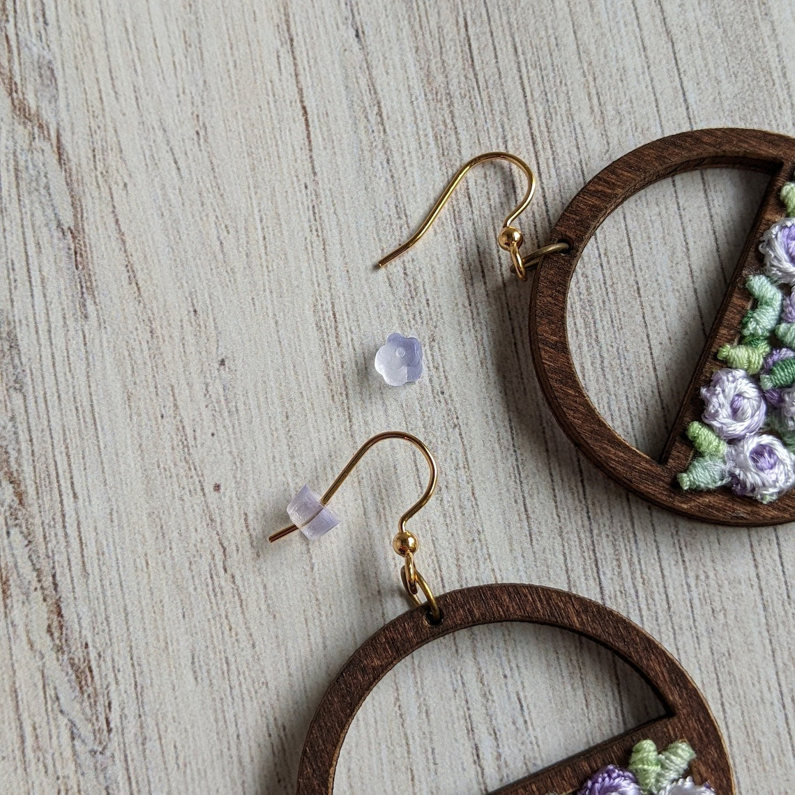 Vintage Lavender And Sage Green Flower Earrings On Wood Hoops