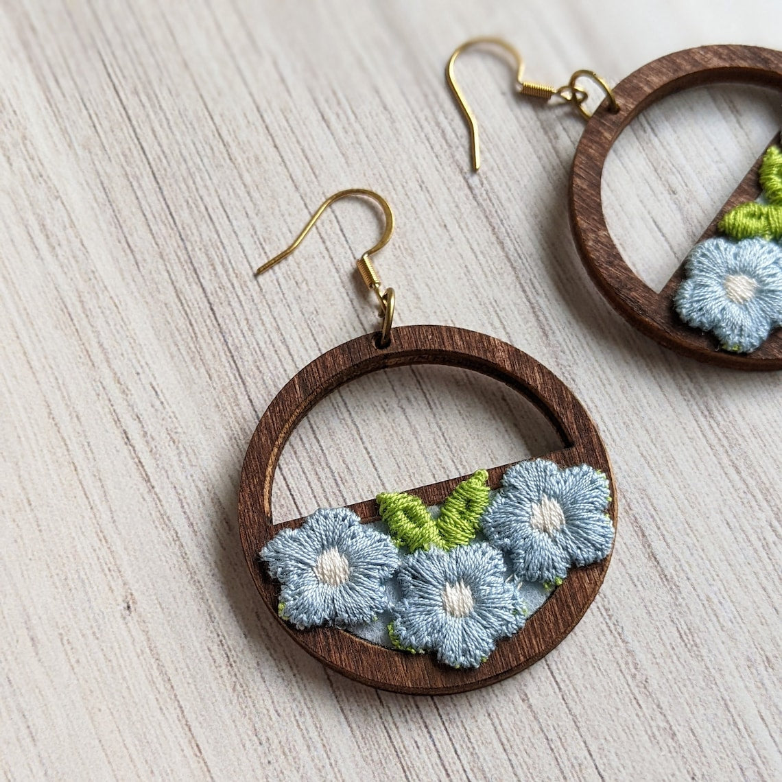 Whimsical Pastel Blue Daisy Earrings Made With Vintage Flowers And Wood Hoops