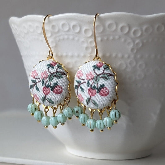 Strawberry Earrings, Pastel Pink And Green Dangles