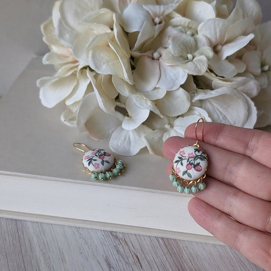 Strawberry Earrings, Pastel Pink And Green Dangles