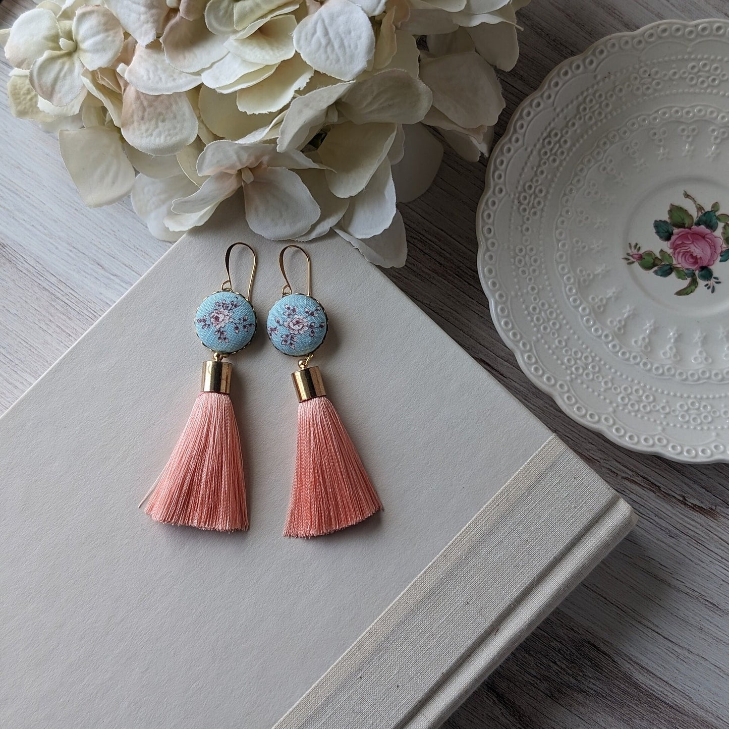 Aqua Blue And Peach Coral Earrings Handmade With Vintage Floral Fabric