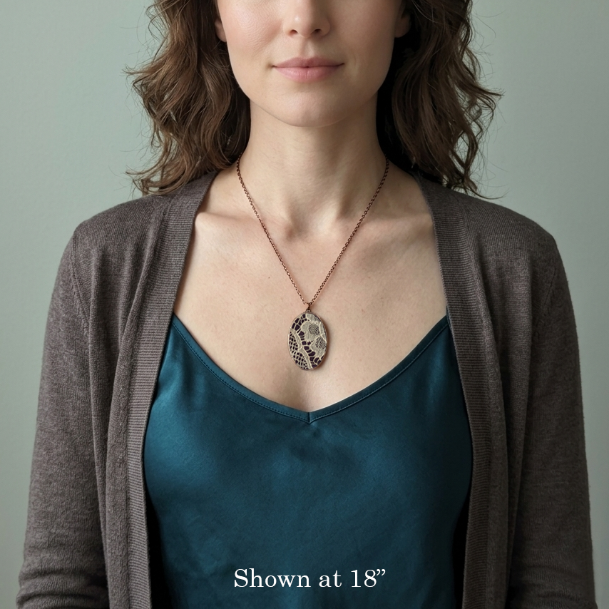 Copper Oval Pendant With 1920s French Lace On Burgundy Cotton