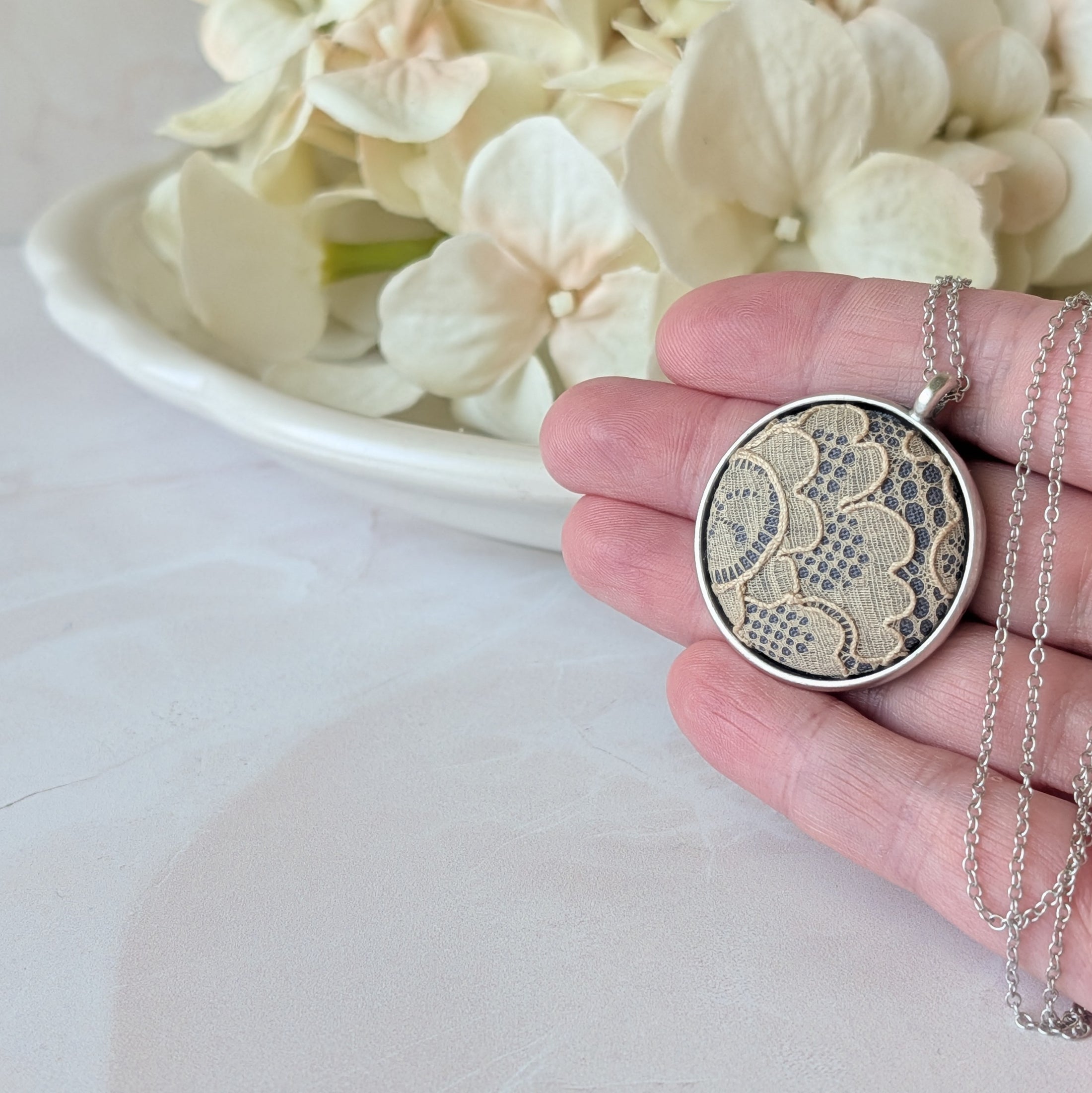 Small Silver Pendant Necklace With Antique French Lace