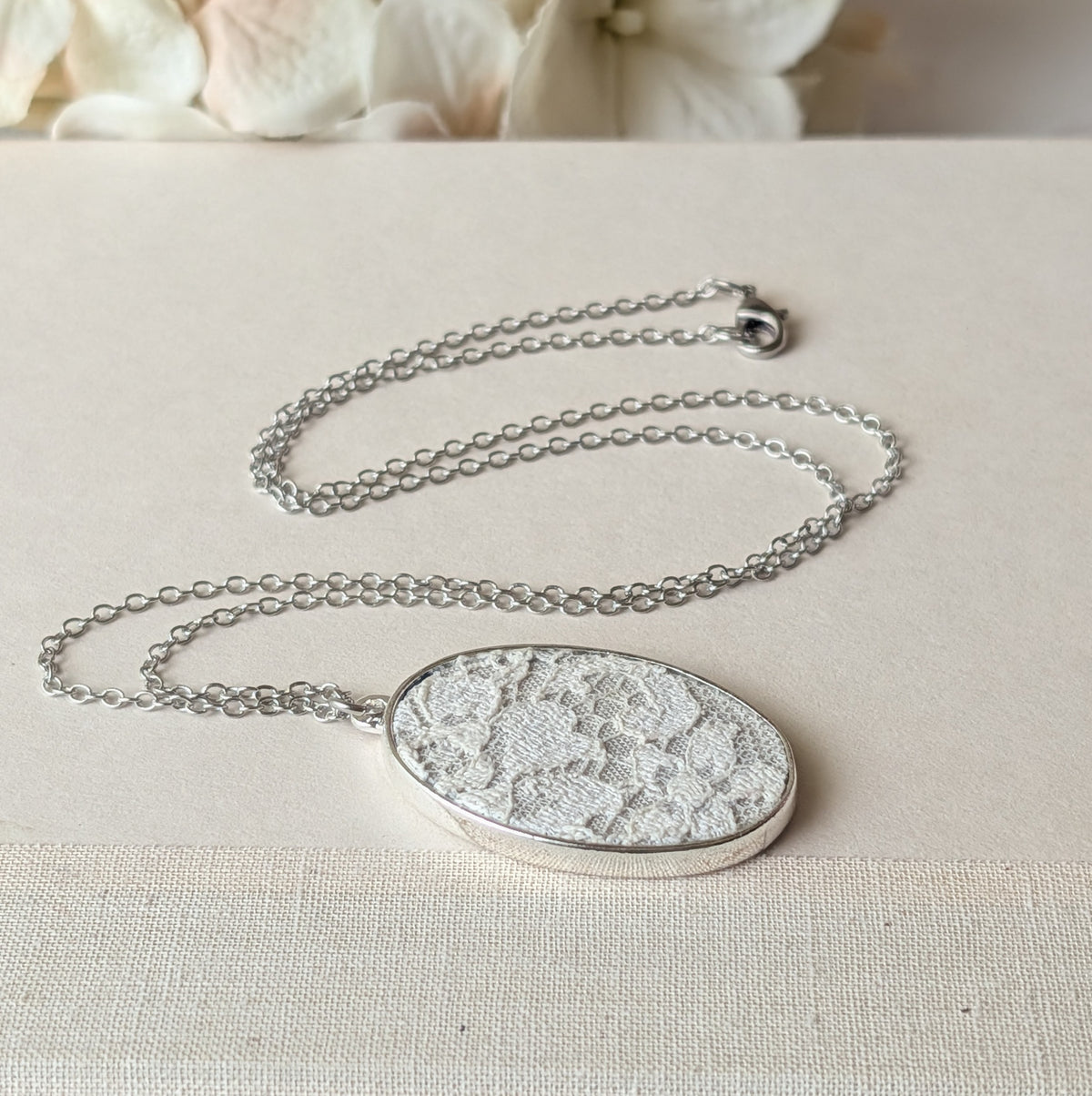 Silver Oval Pendant With Ivory 1920s French Lace