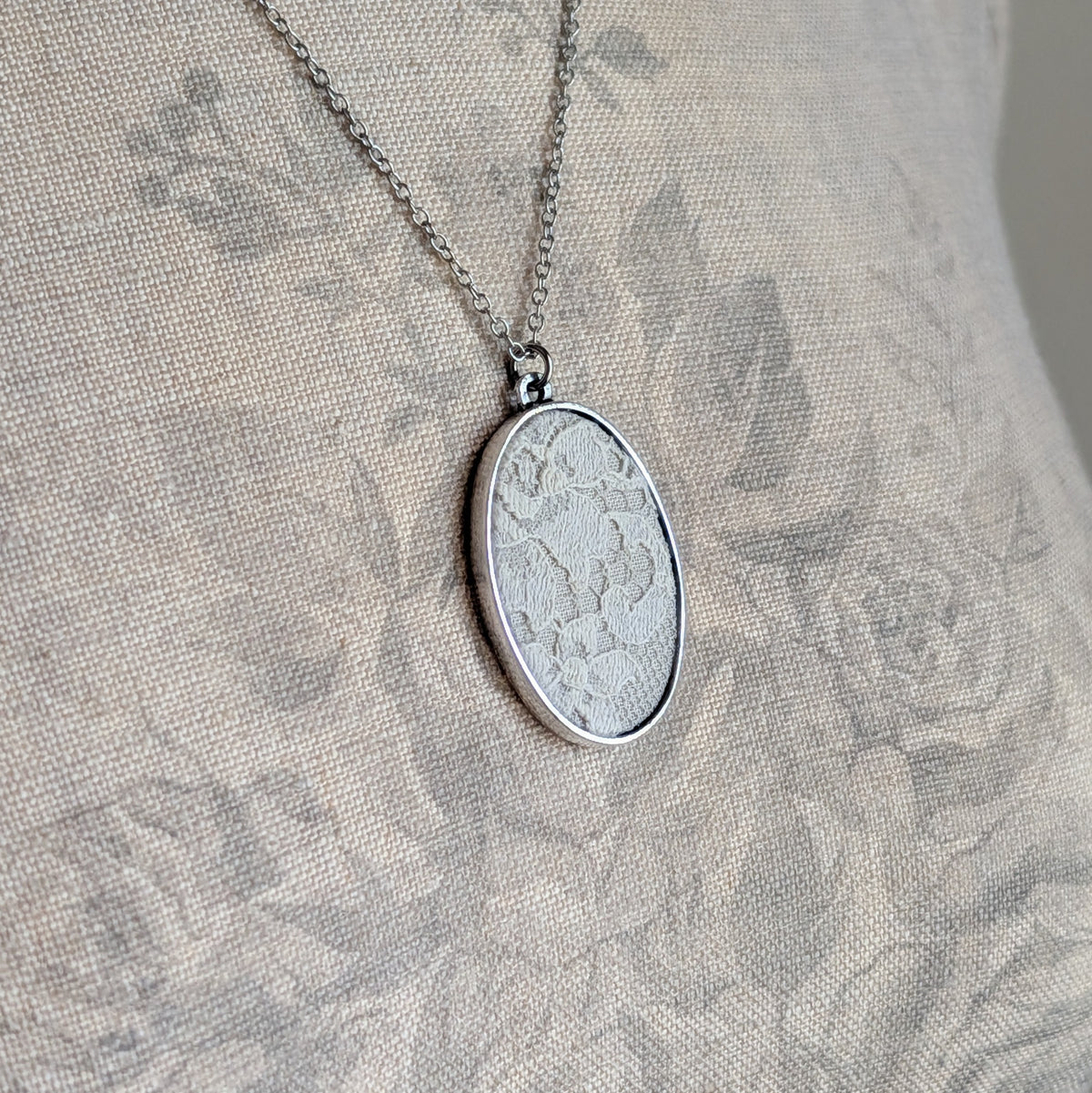 Silver Oval Pendant With Ivory 1920s French Lace