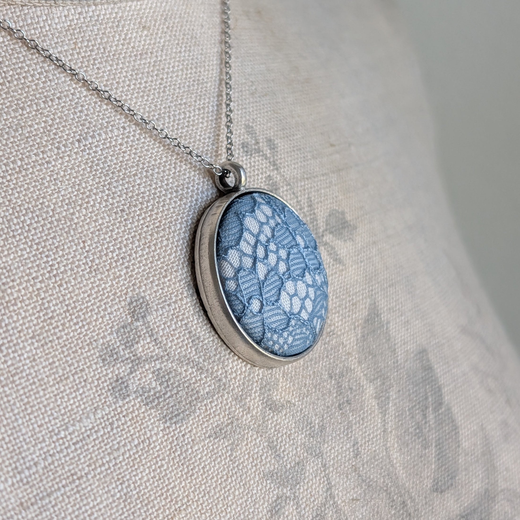 Blue Vintage French Lace In Small Round Silver Pendant