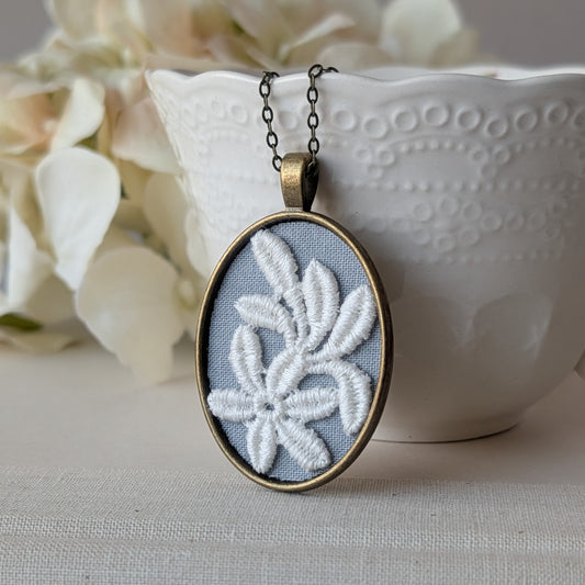 Vintage French Floral Textile Oval Pendant Necklace