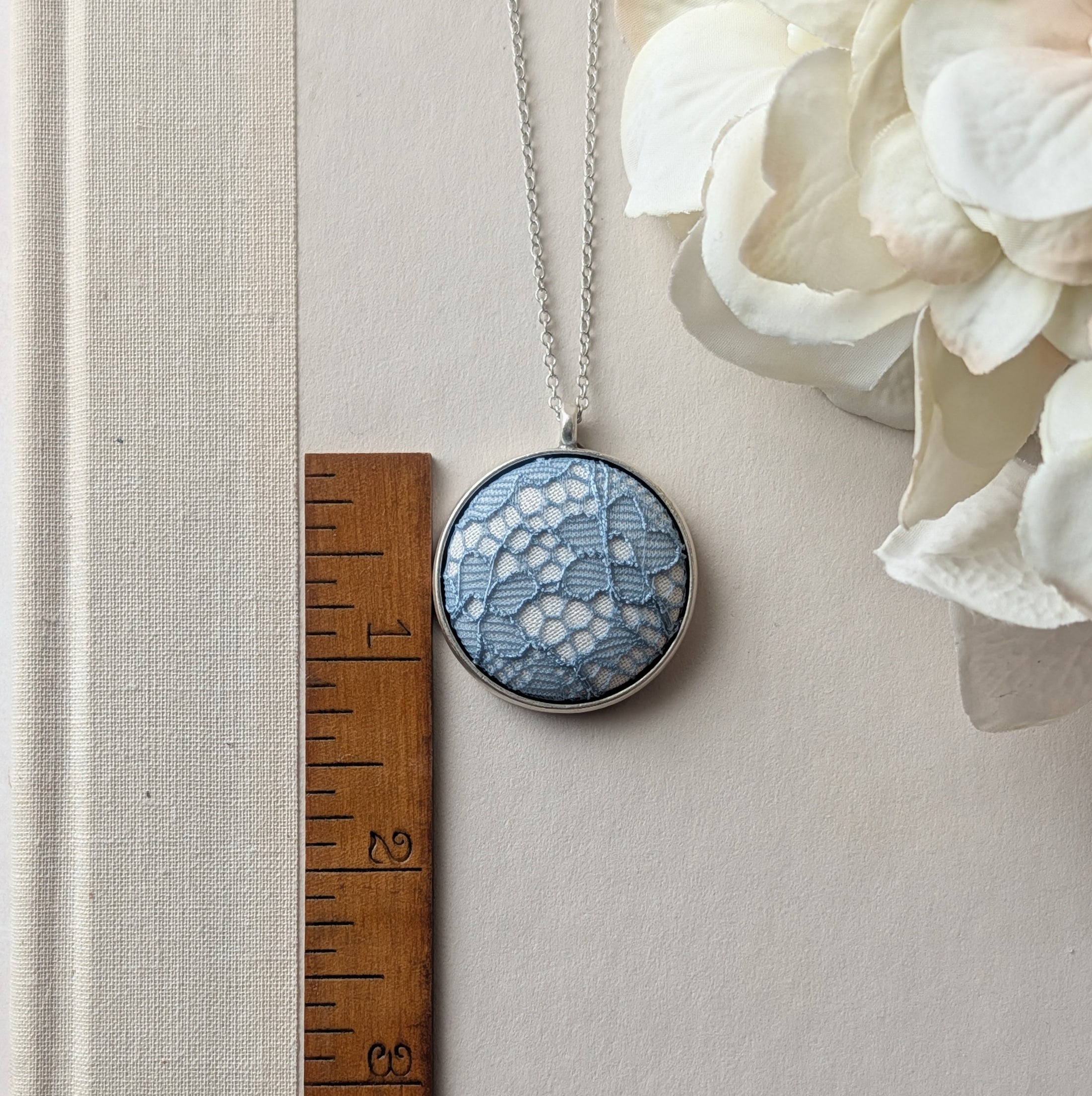Blue Vintage French Lace In Small Round Silver Pendant