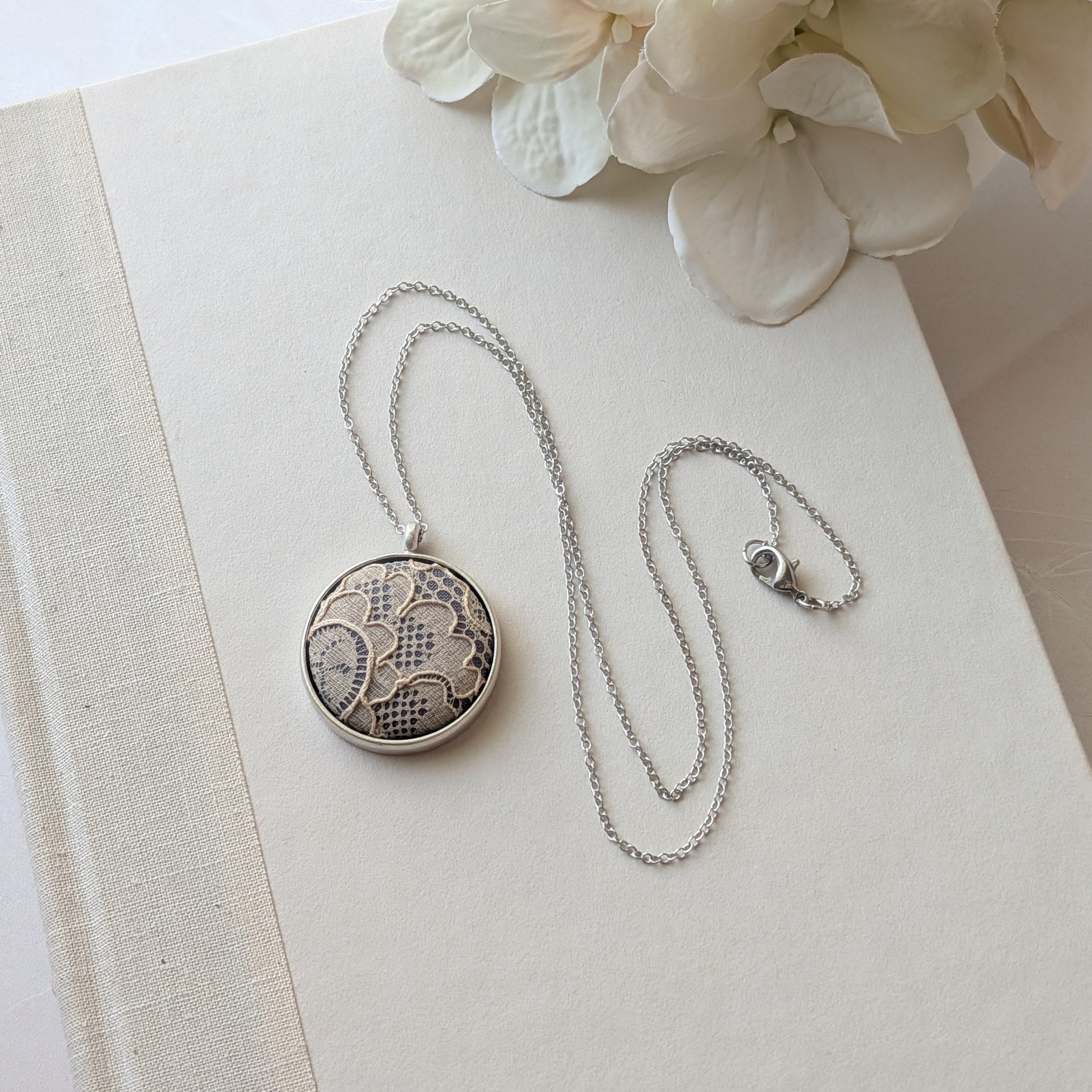 Small Silver Pendant Necklace With Antique French Lace