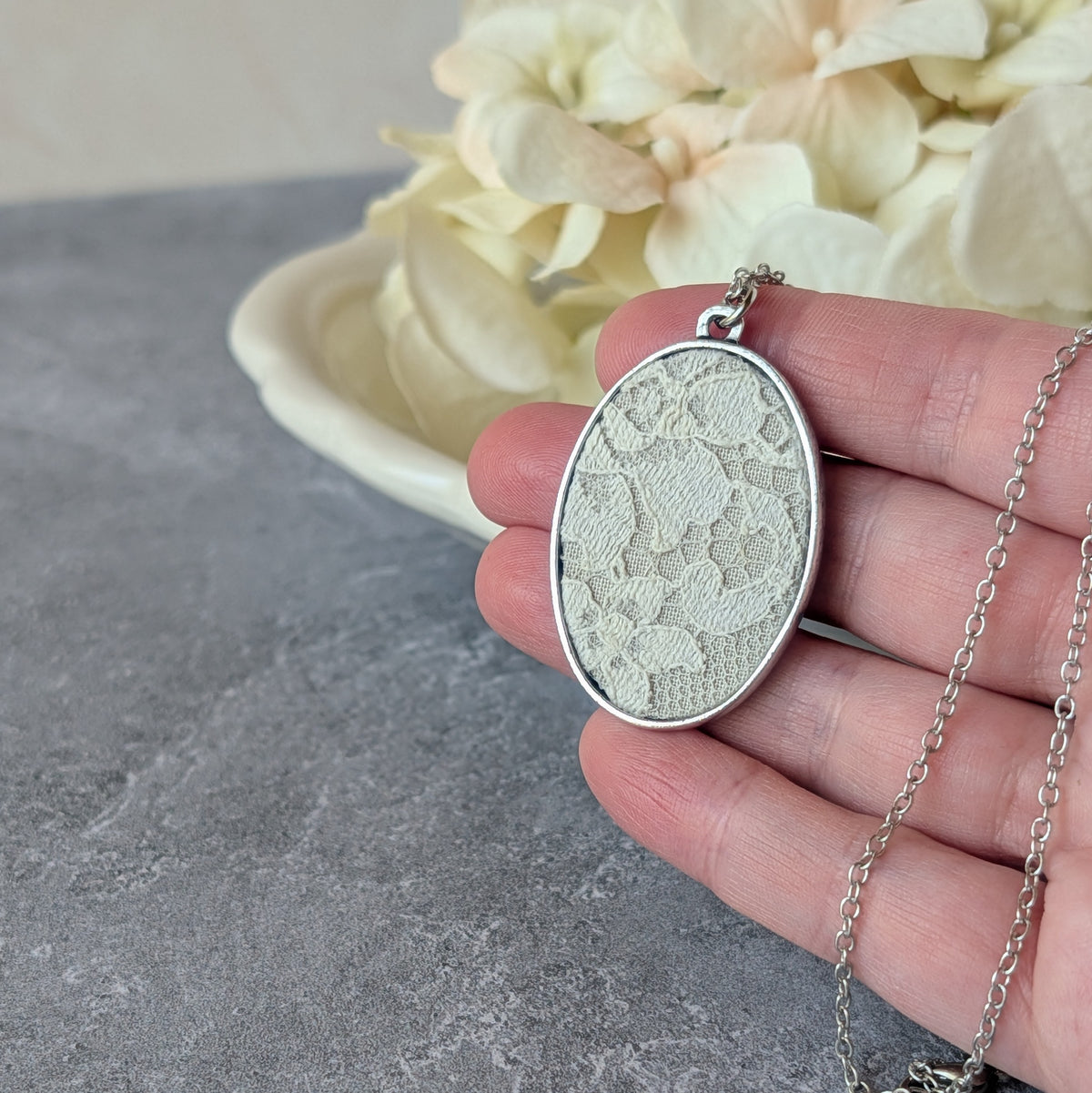 Silver Oval Pendant With Ivory 1920s French Lace