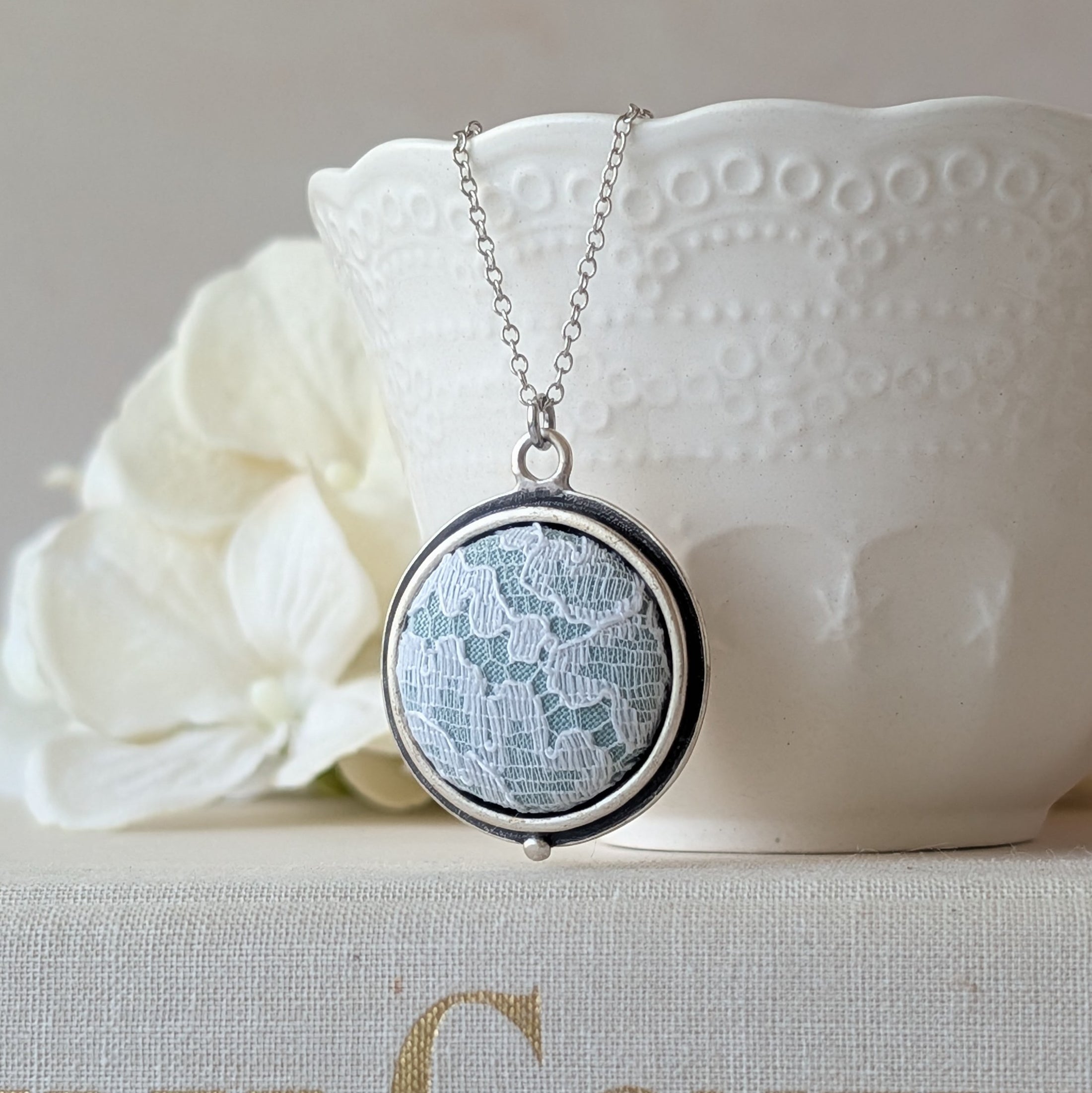 Petite Lace Pendant In Mint Green, White, And Silver
