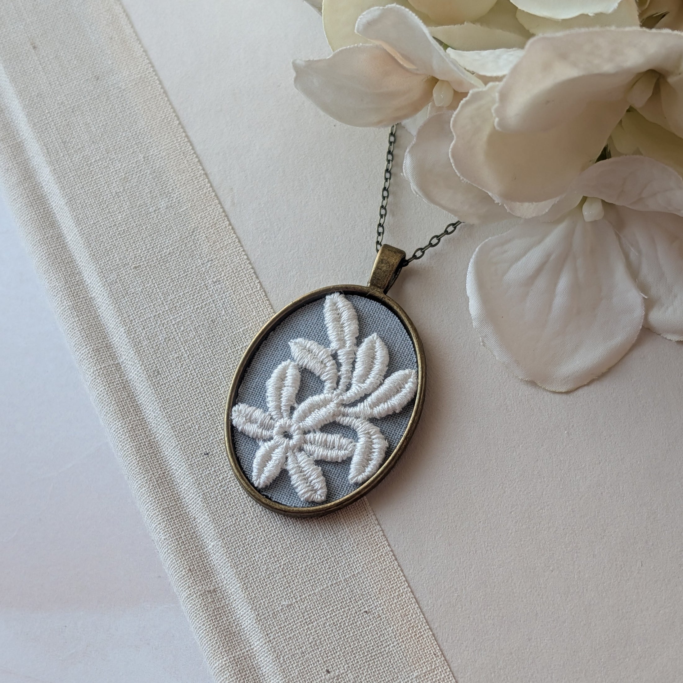 Vintage French Floral Textile Oval Pendant Necklace