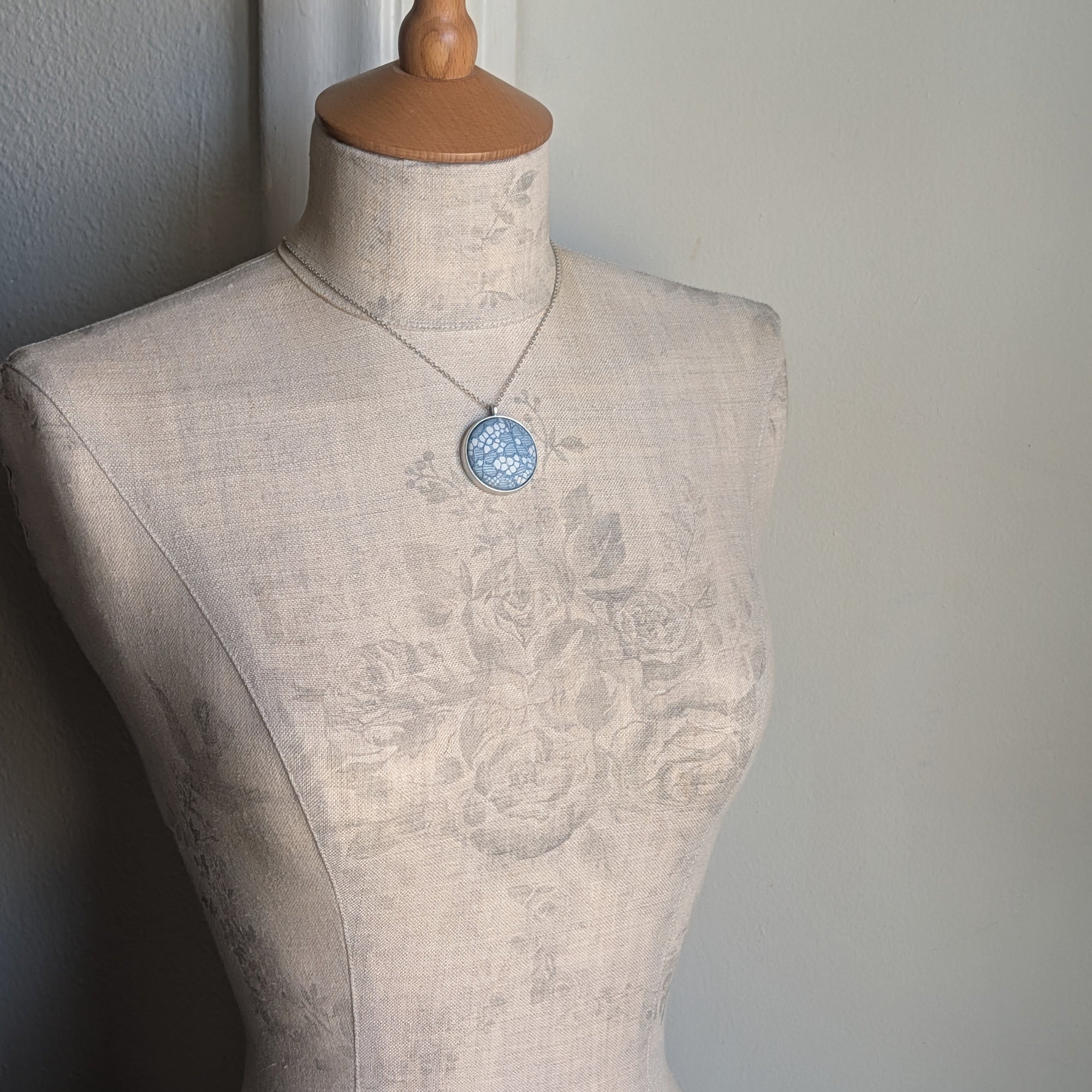 Blue Vintage French Lace In Small Round Silver Pendant