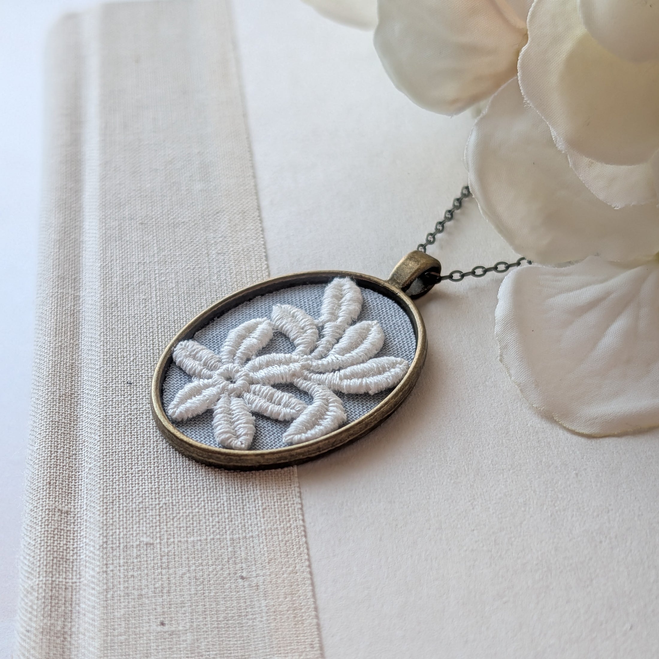 Vintage French Floral Textile Oval Pendant Necklace