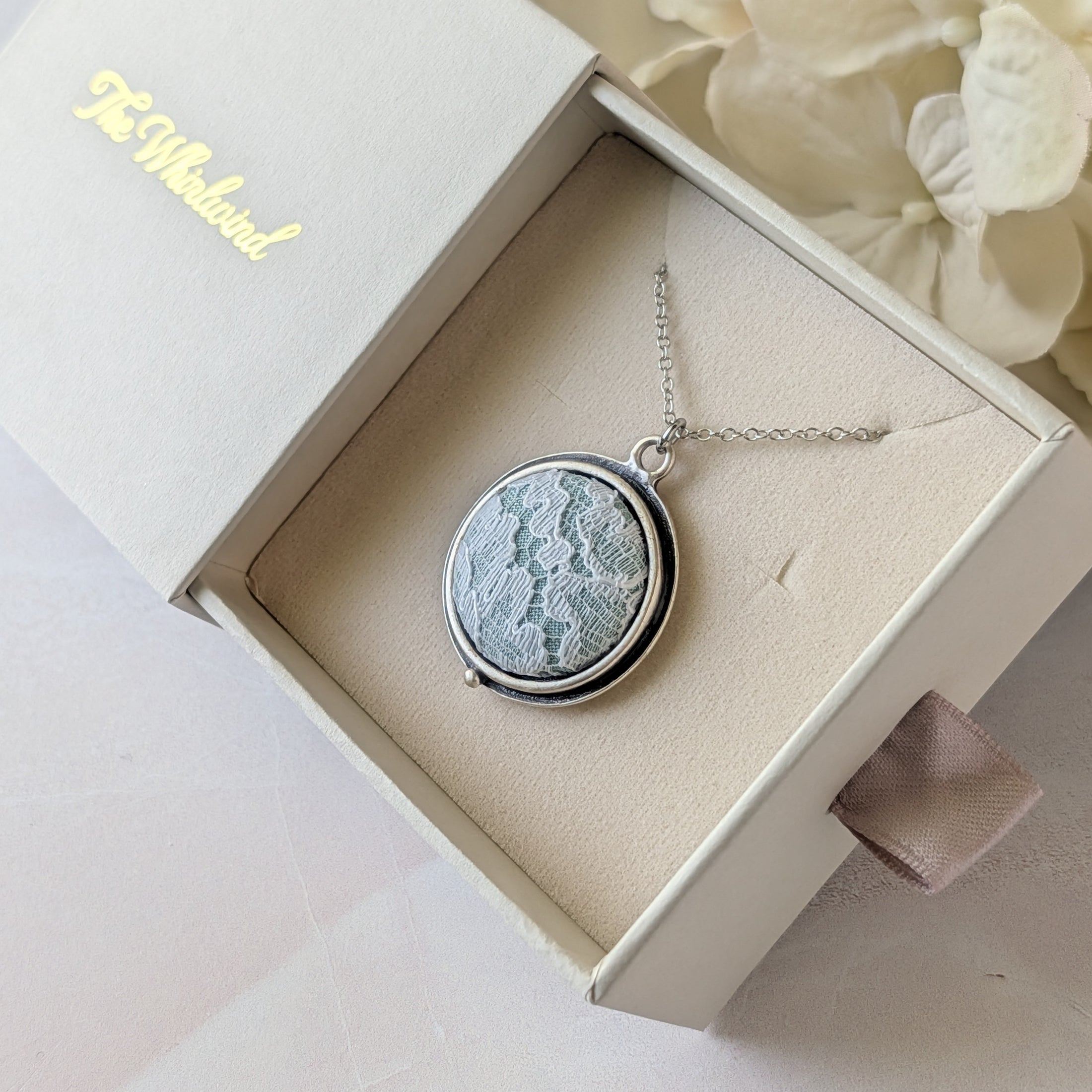 Petite Lace Pendant In Mint Green, White, And Silver