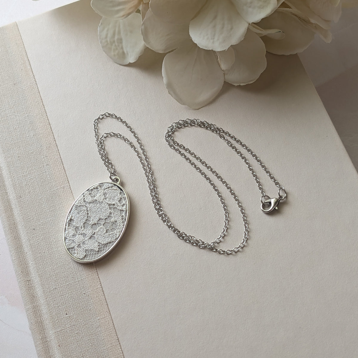 Silver Oval Pendant With Ivory 1920s French Lace