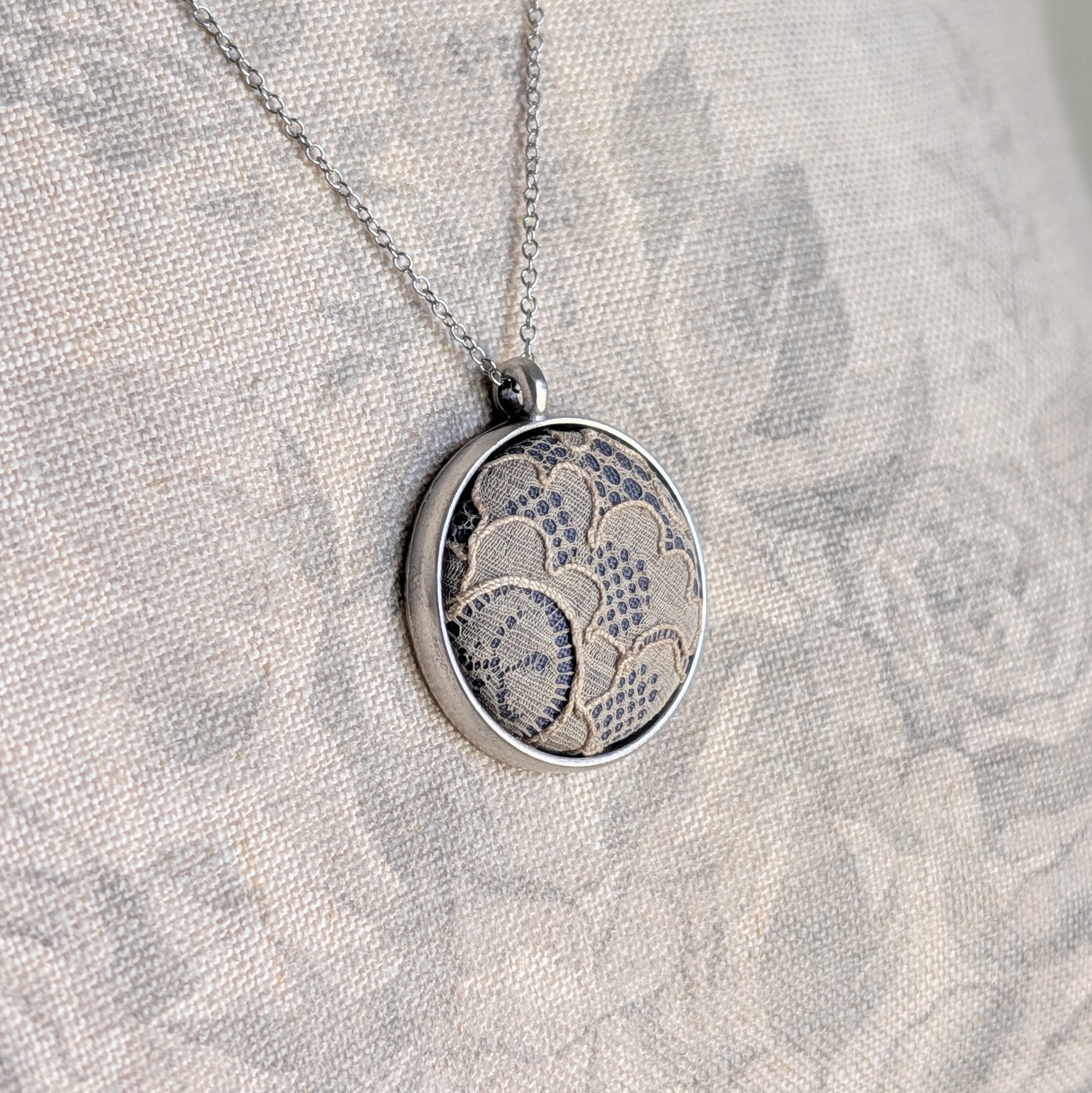Small Silver Pendant Necklace With Antique French Lace