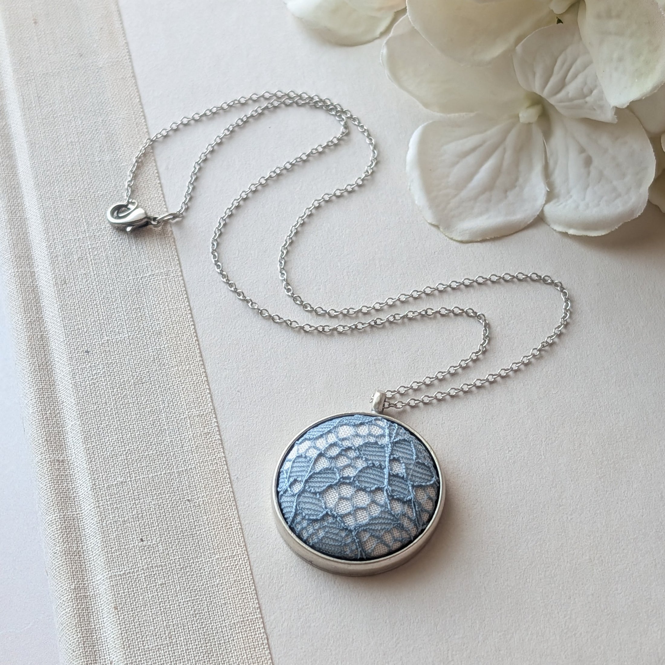 Blue Vintage French Lace In Small Round Silver Pendant