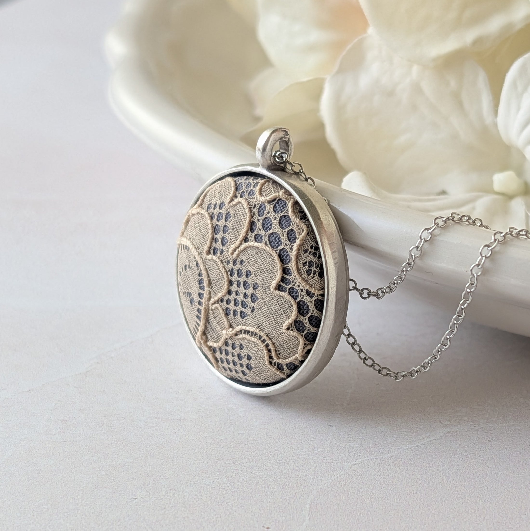 Small Silver Pendant Necklace With Antique French Lace
