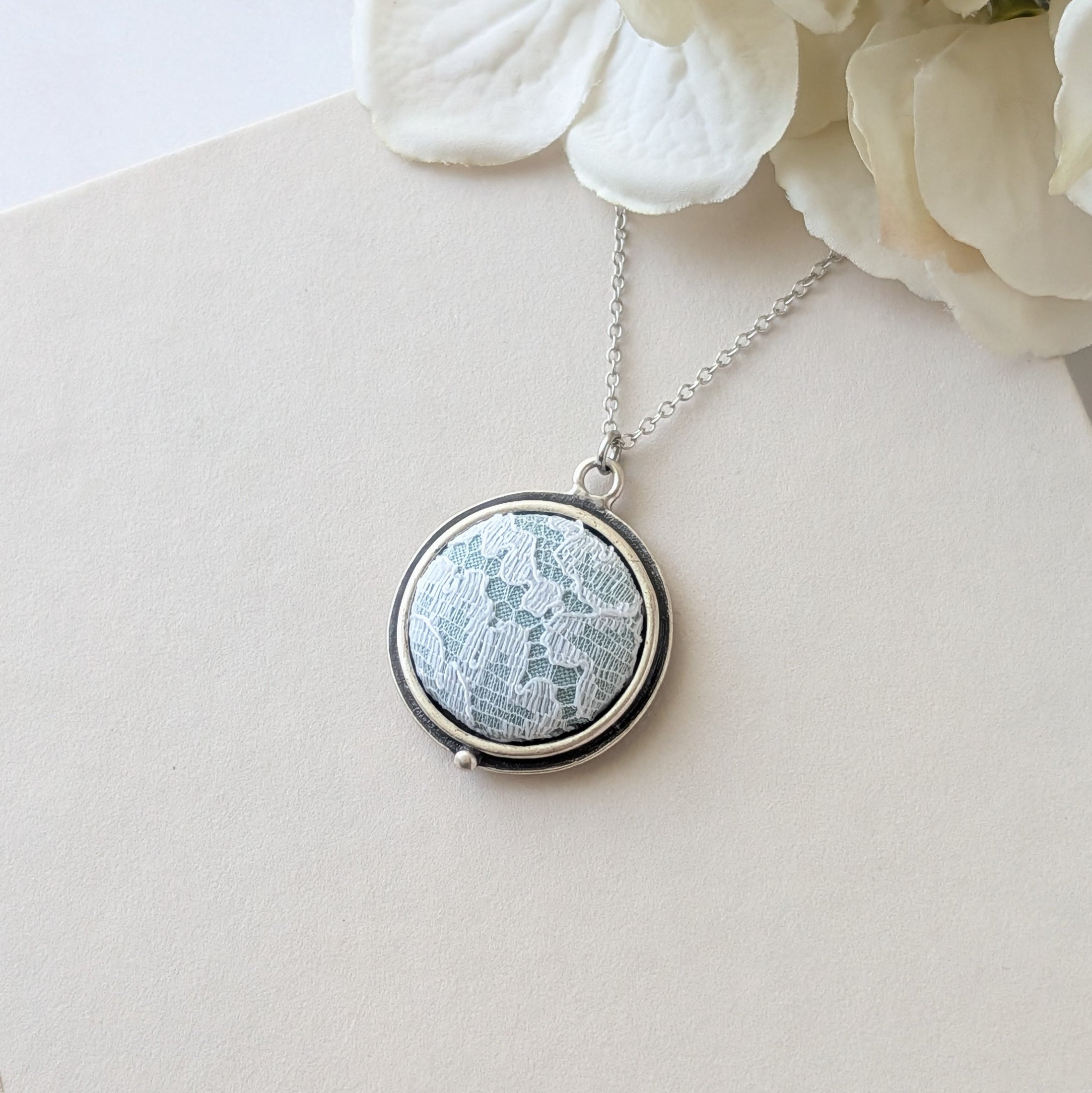 Petite Lace Pendant In Mint Green, White, And Silver