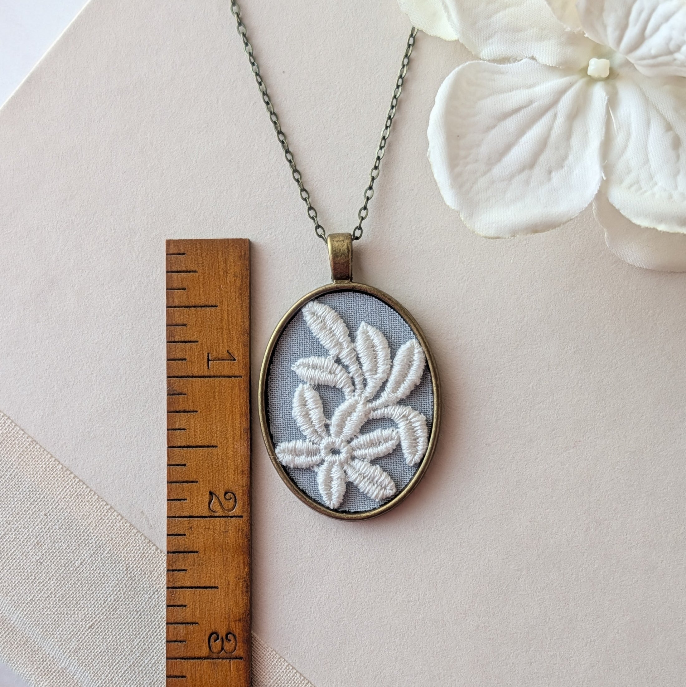 Vintage French Floral Textile Oval Pendant Necklace