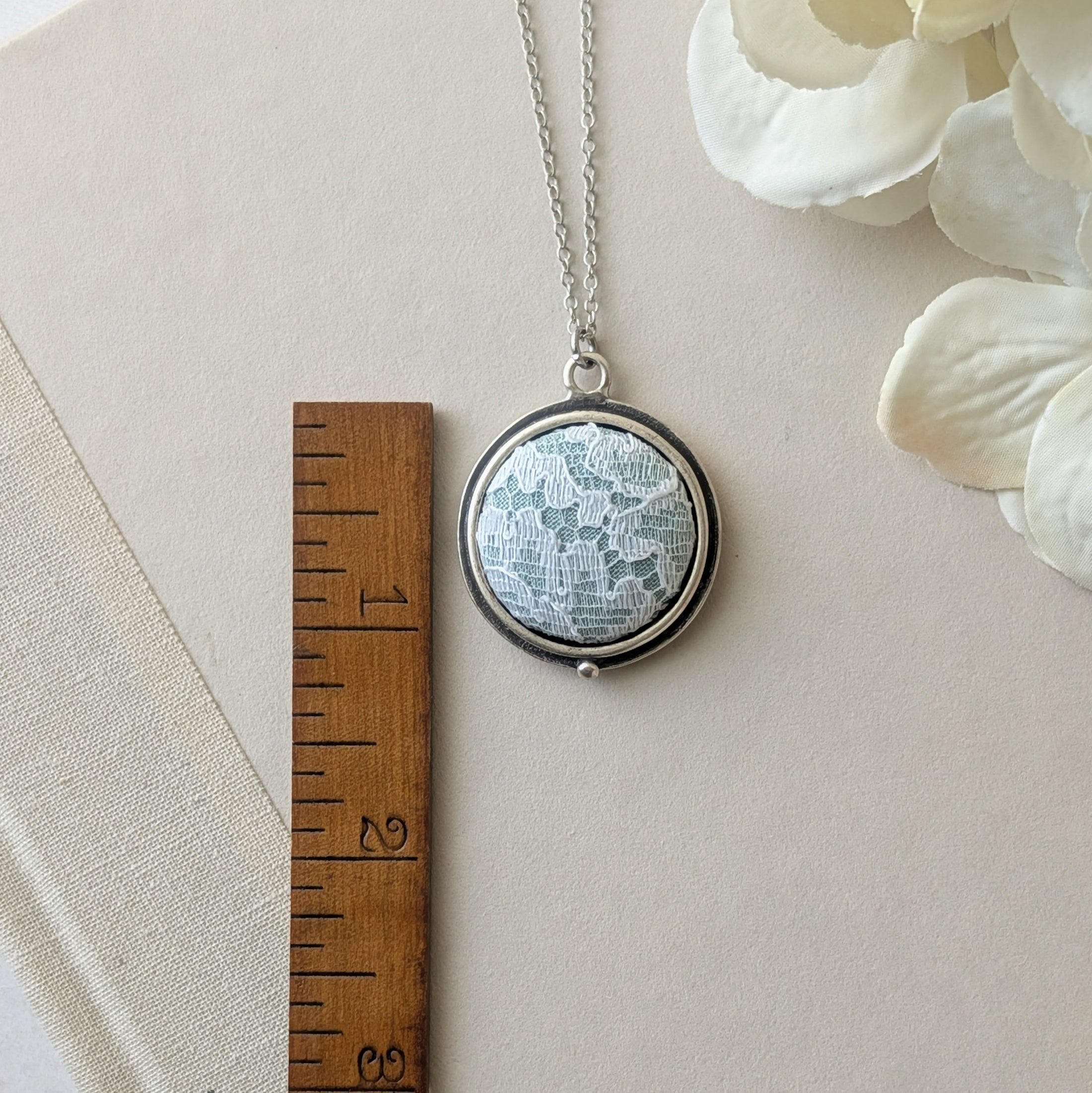 Petite Lace Pendant In Mint Green, White, And Silver