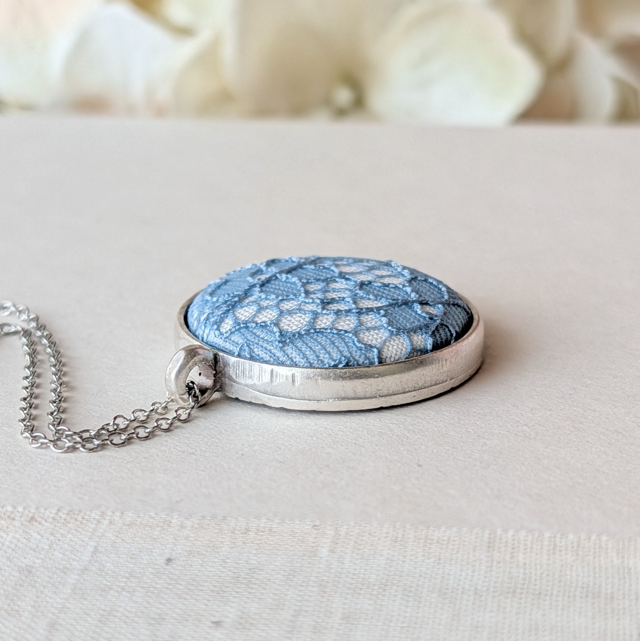 Blue Vintage French Lace In Small Round Silver Pendant