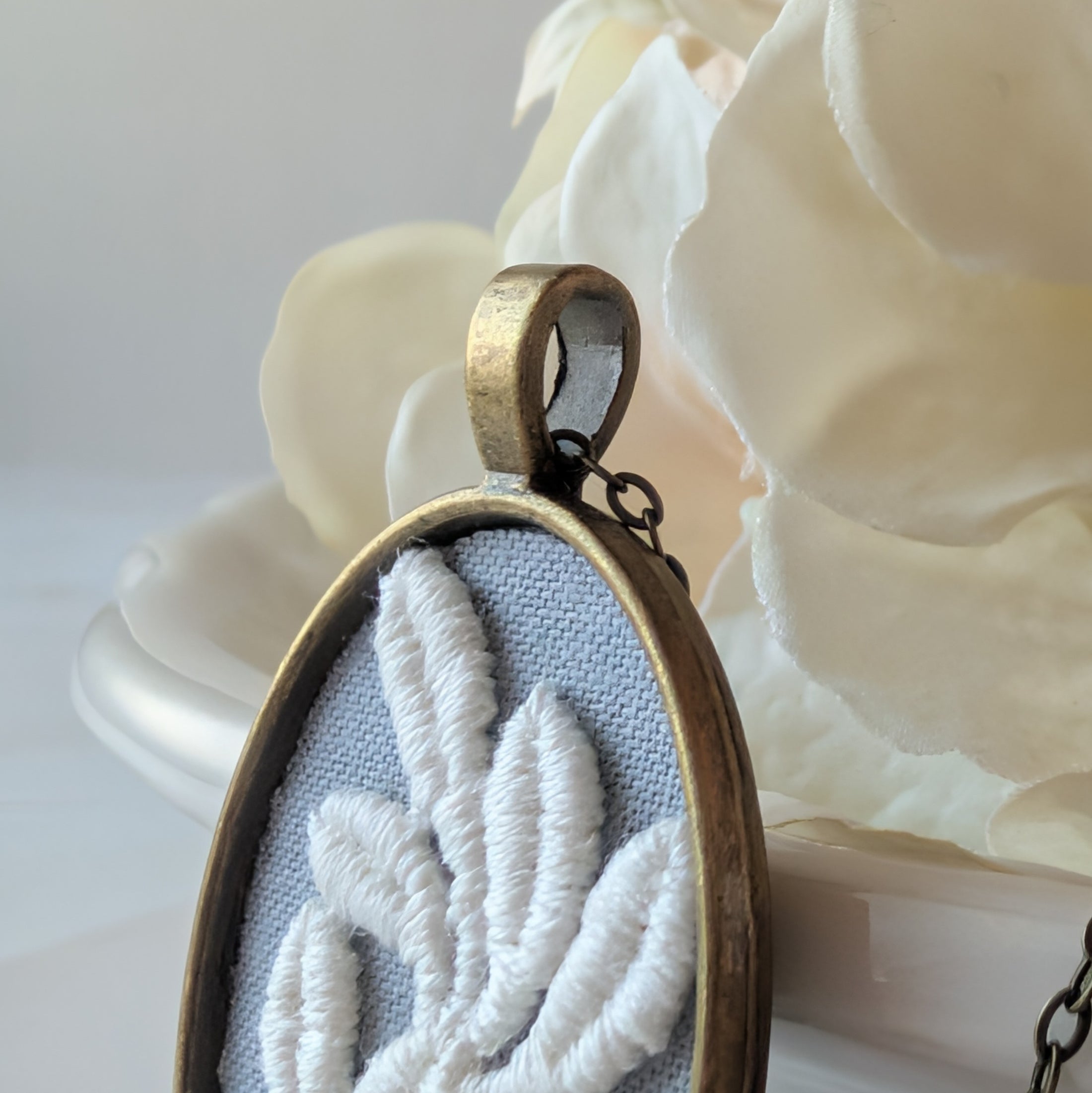 Vintage French Floral Textile Oval Pendant Necklace